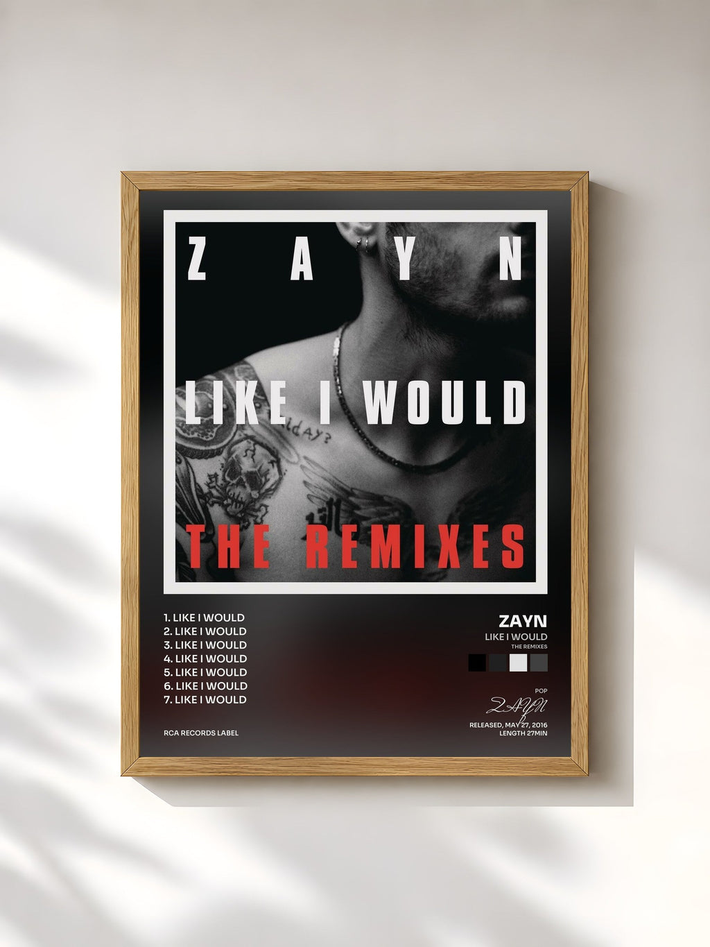 #bois Tableau de l'album LIKE I WOULD (The Remixes) de ZAYN, cadre en bois brut, imprimé et encadré en France