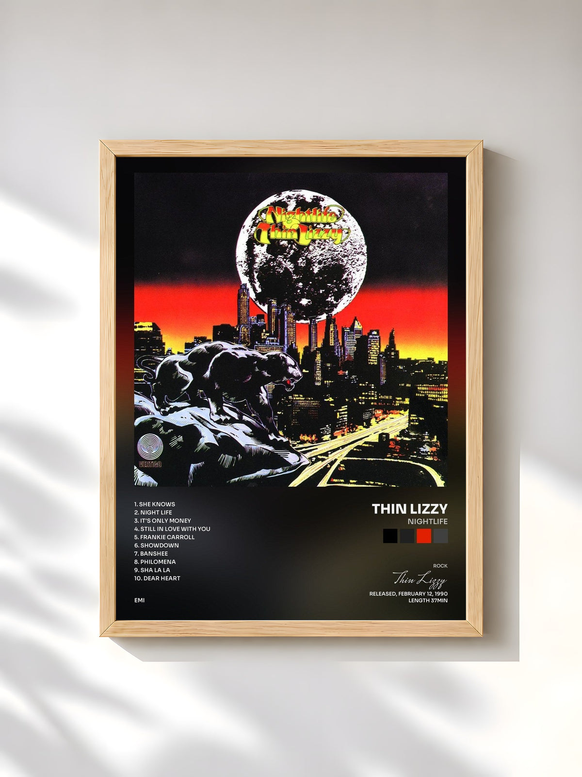 #bois Tableau de l'album Nightlife de Thin Lizzy, cadre en bois brut, imprimé et encadré en France