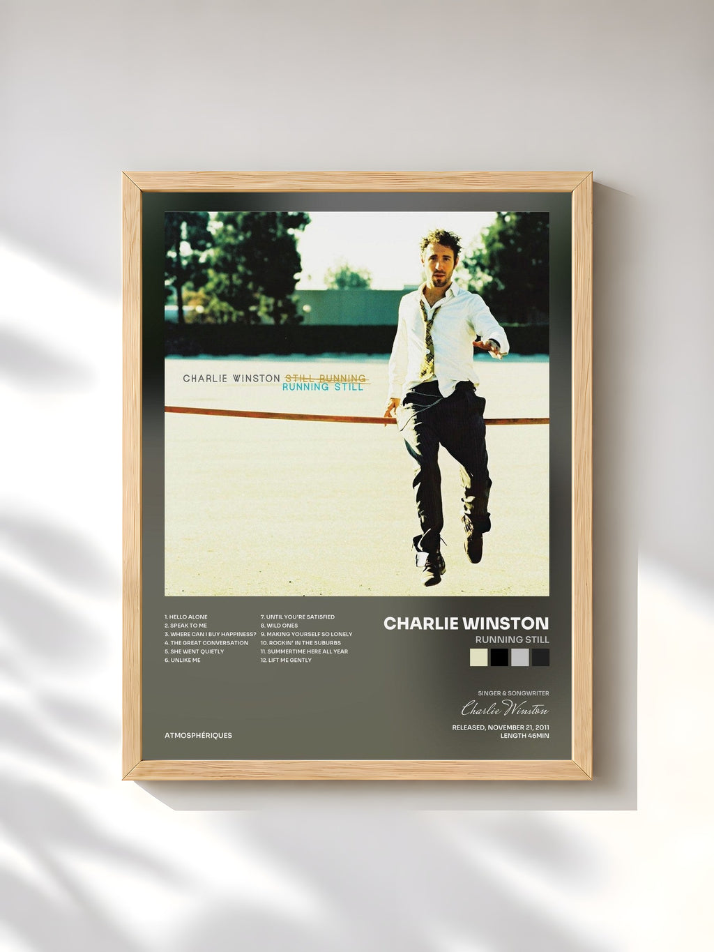 #bois Tableau de l'album Running Still de Charlie Winston, cadre en bois brut, imprimé et encadré en France