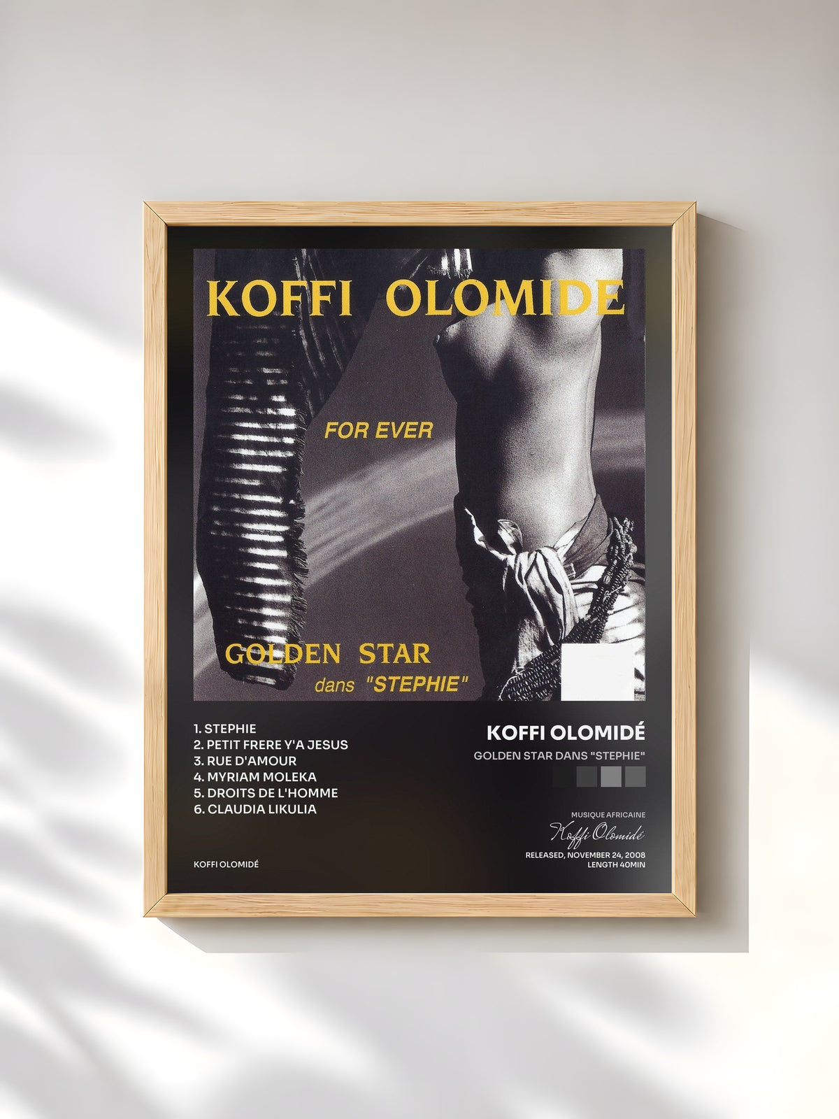 #bois Tableau de l'album Golden Star dans "Stephie" de Koffi Olomidé, cadre en bois brut, imprimé et encadré en France