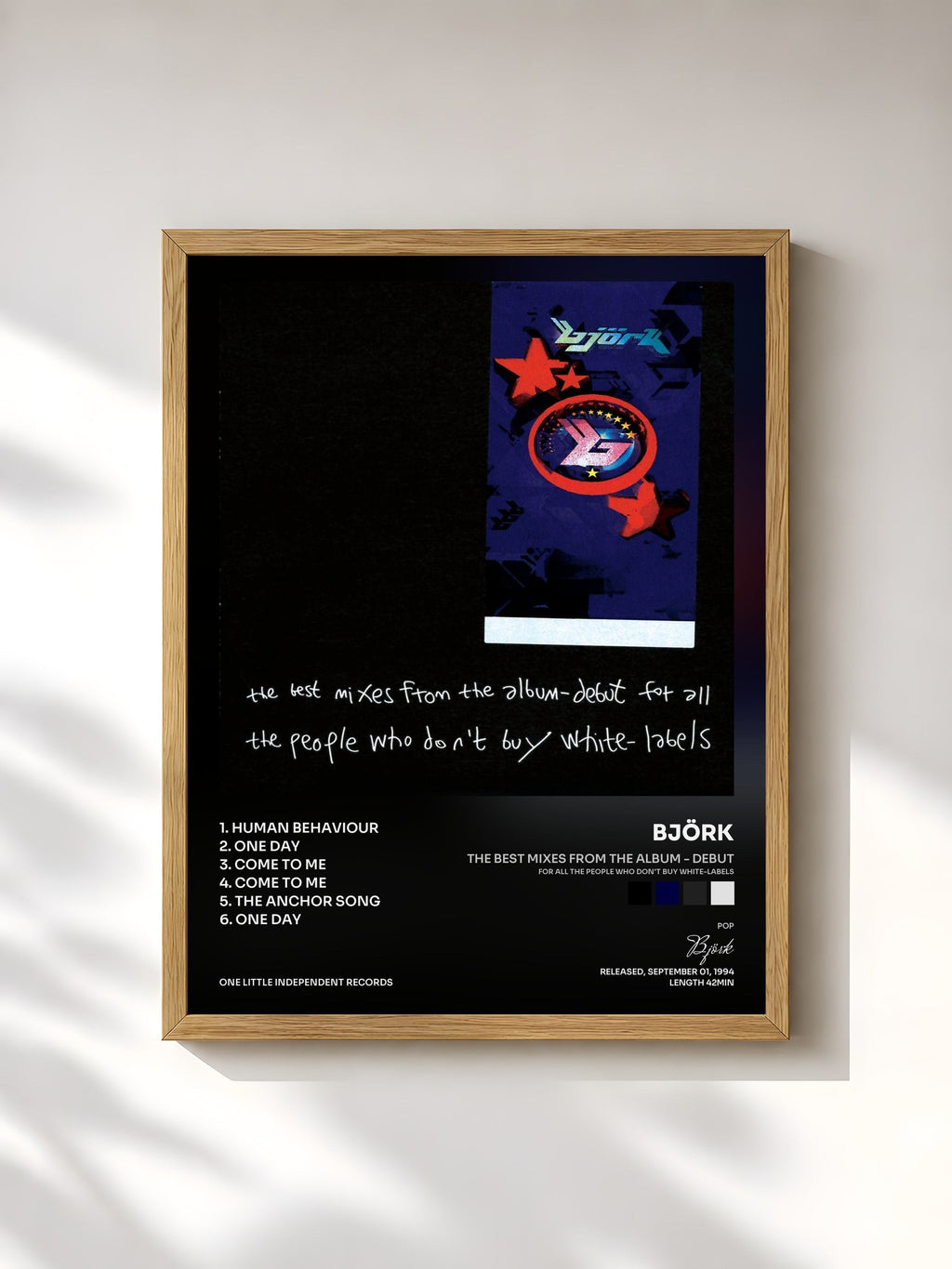 #bois Tableau de l'album The Best Mixes From The Album - Debut (For All The People Who Don't Buy White-Labels) de Björk, cadre en bois brut, imprimé et encadré en France