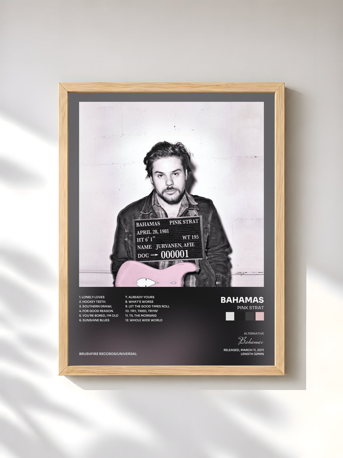 #bois Tableau de l'album Pink Strat de Bahamas, cadre en bois brut, imprimé et encadré en France
