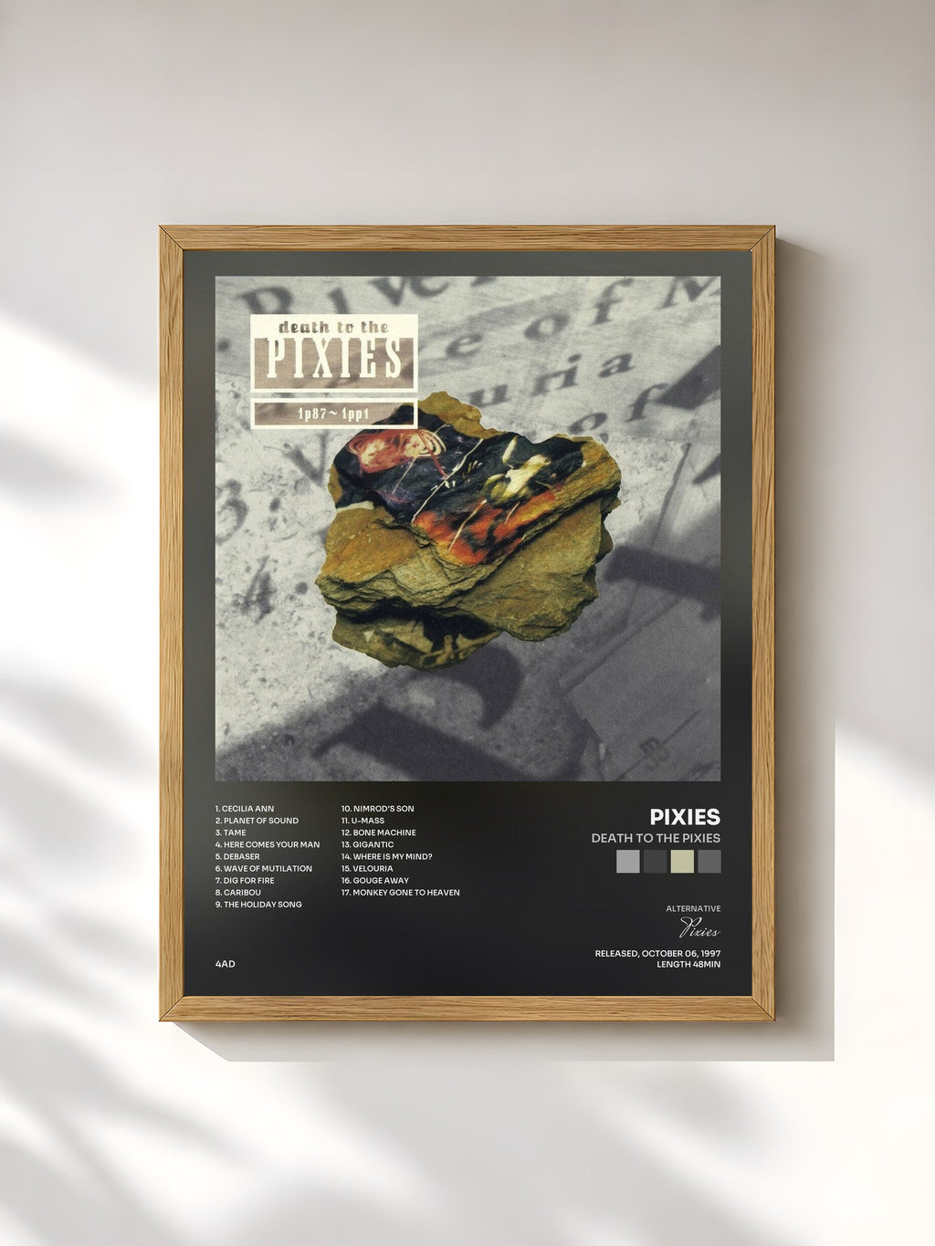 #bois Tableau de l'album Death to the Pixies de Pixies, cadre en bois brut, imprimé et encadré en France