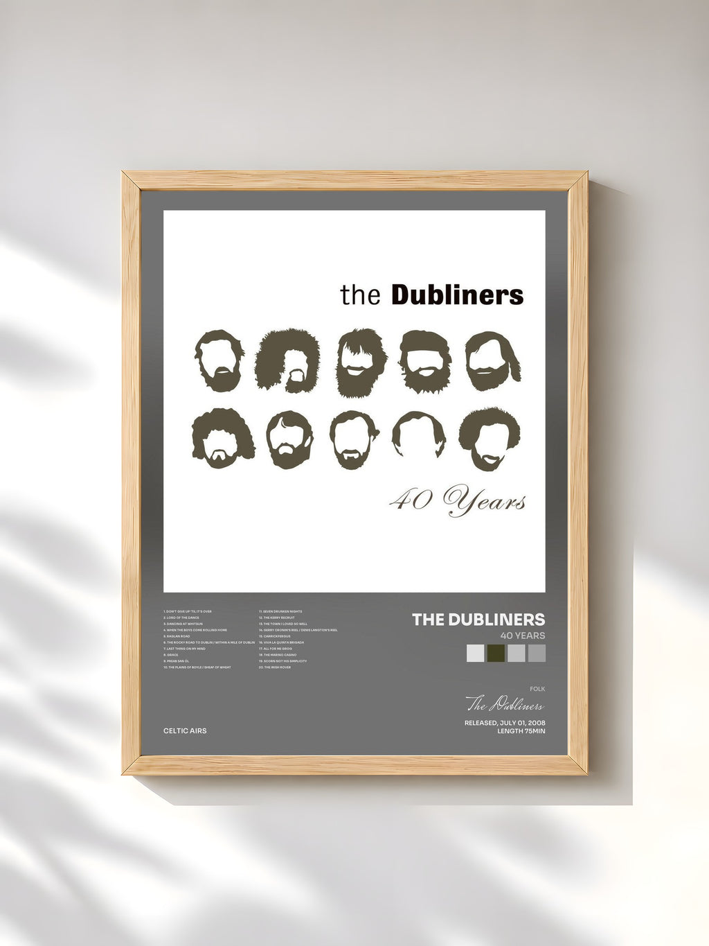 #bois Tableau de l'album 40 Years de The Dubliners, cadre en bois brut, imprimé et encadré en France