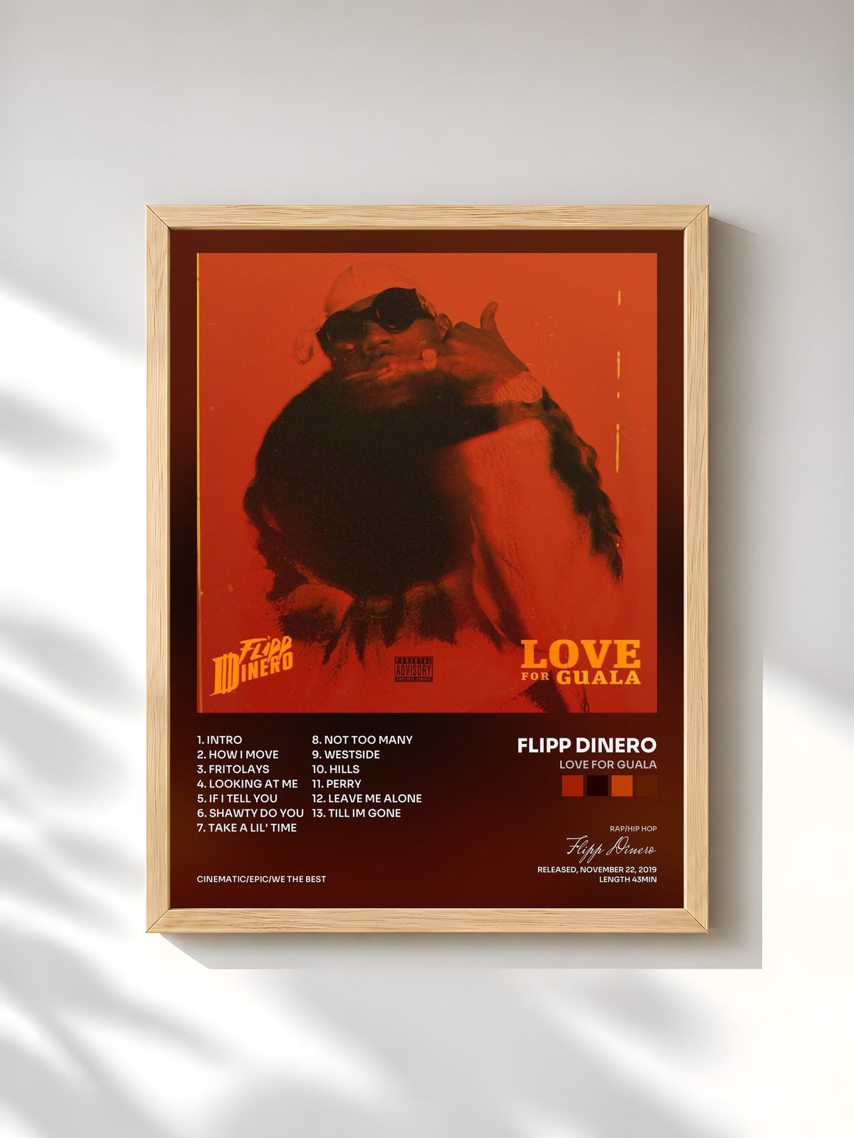#bois Tableau de l'album LOVE FOR GUALA de Flipp Dinero, cadre en bois brut, imprimé et encadré en France