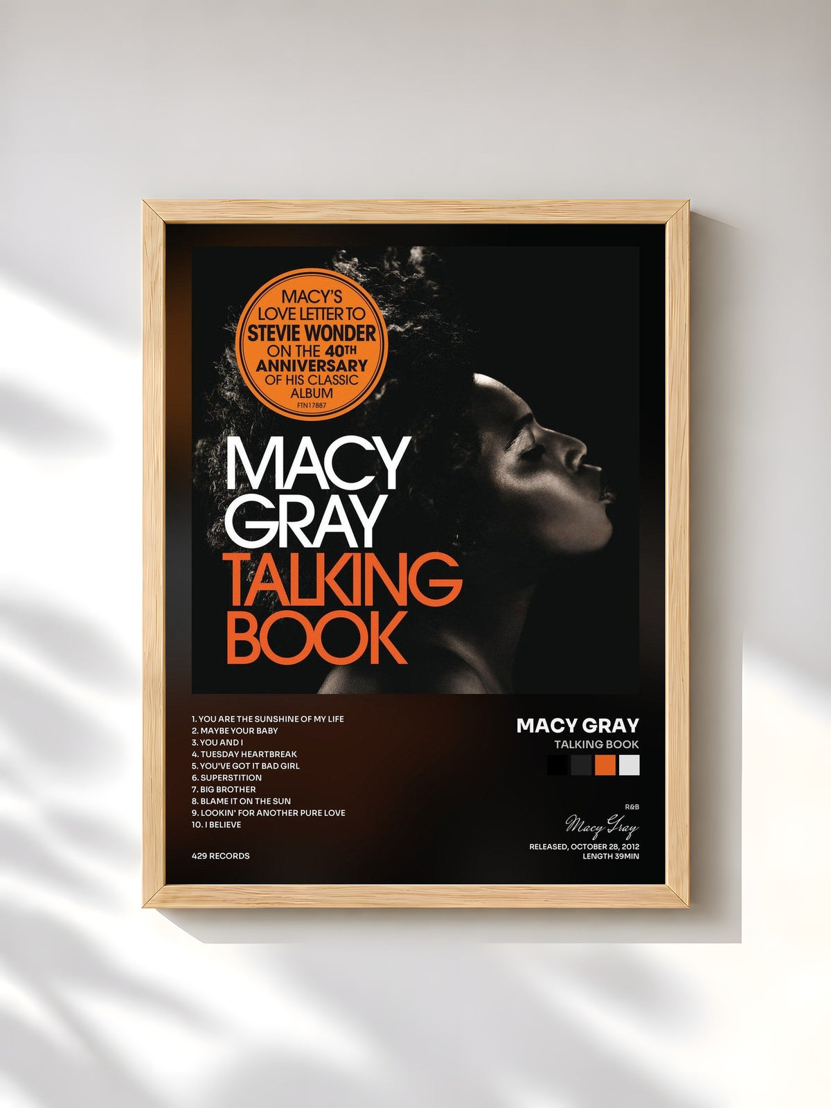 #bois Tableau de l'album Talking Book de Macy Gray, cadre en bois brut, imprimé et encadré en France