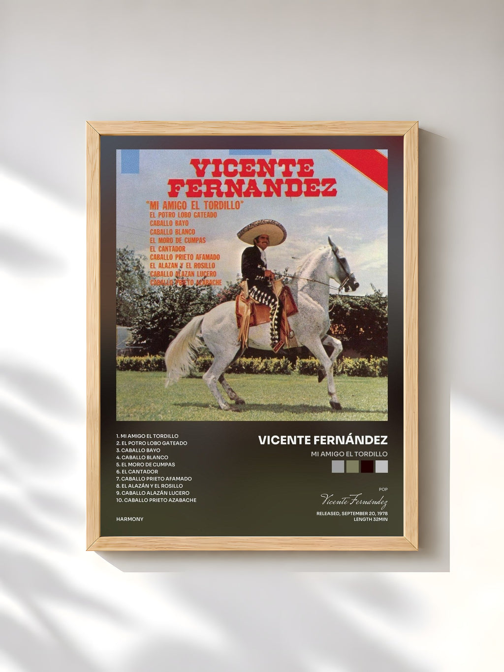 #bois Tableau de l'album Mi Amigo El Tordillo de Vicente Fernández, cadre en bois brut, imprimé et encadré en France