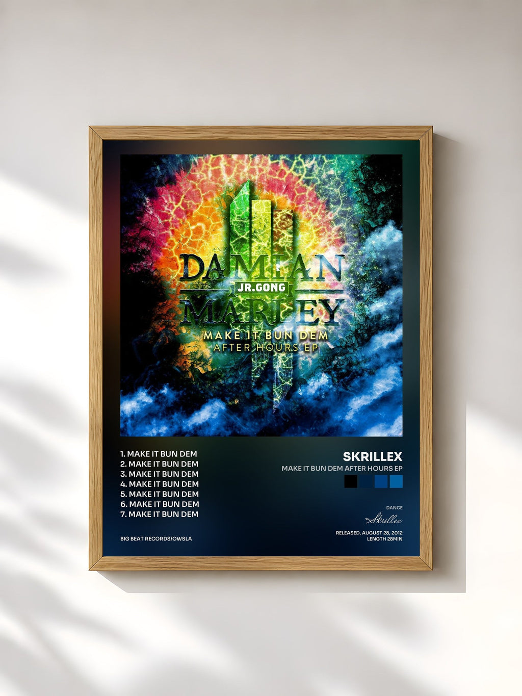 #bois Tableau de l'album Make It Bun Dem After Hours EP de Skrillex, cadre en bois brut, imprimé et encadré en France