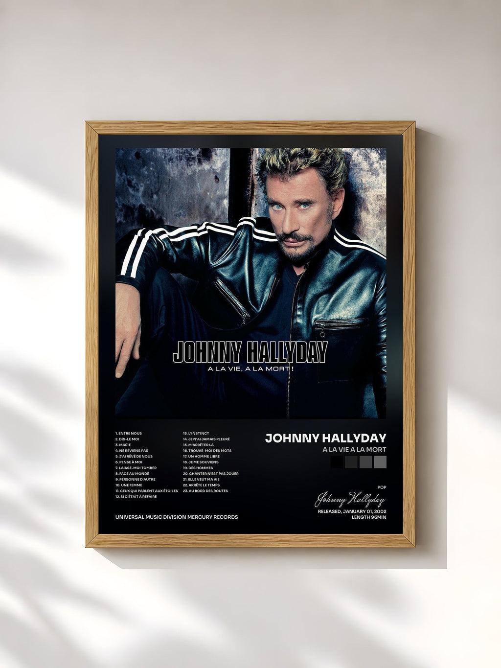 #bois Tableau de l'album A La Vie A La Mort de Johnny Hallyday, cadre en bois brut, imprimé et encadré en France
