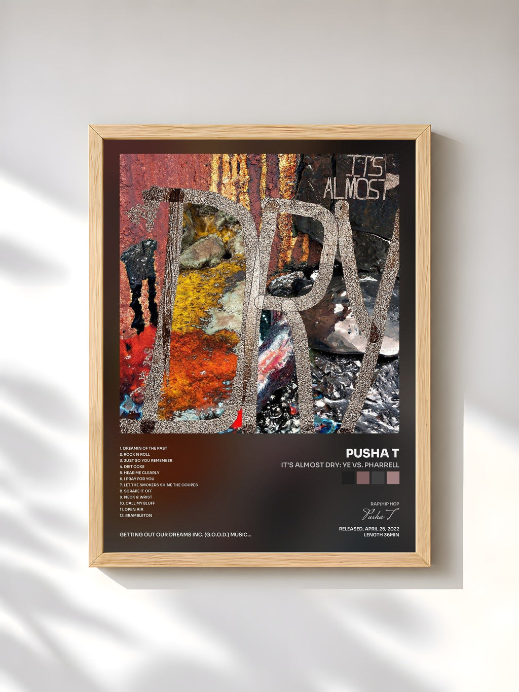 #bois Tableau de l'album It's Almost Dry: Ye vs. Pharrell de Pusha T, cadre en bois brut, imprimé et encadré en France