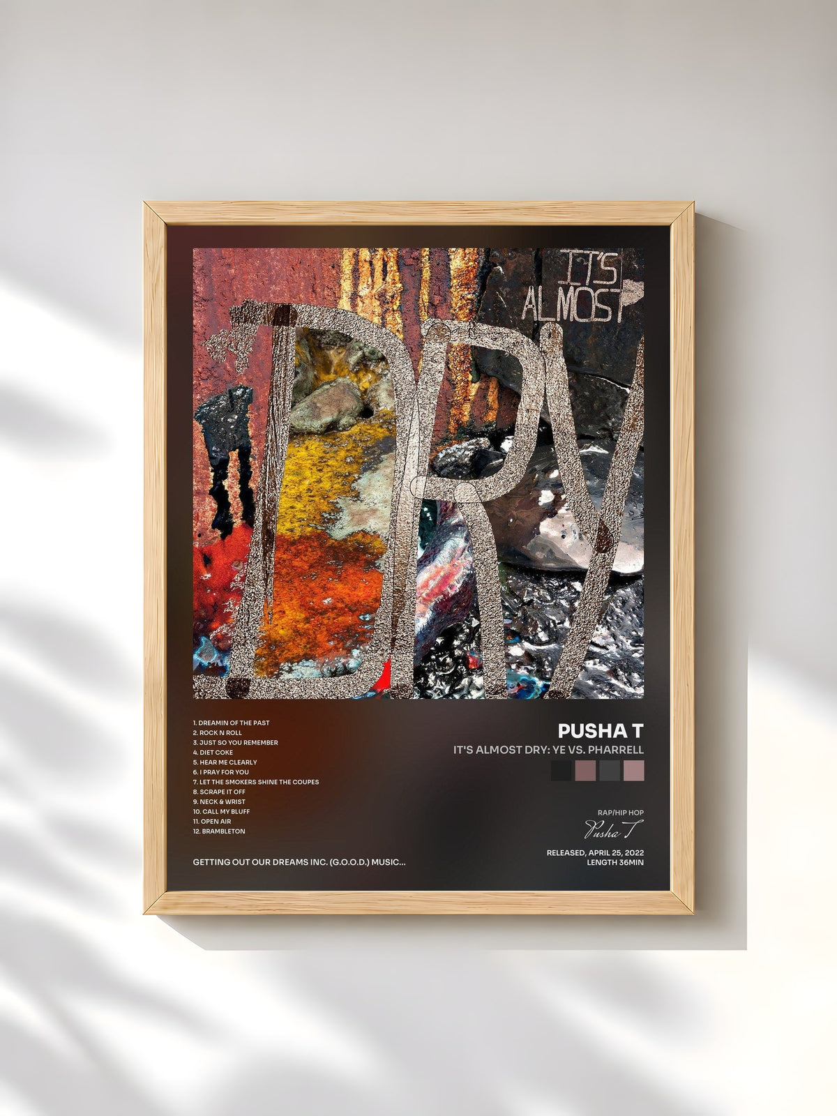 #bois Tableau de l'album It's Almost Dry: Ye vs. Pharrell de Pusha T, cadre en bois brut, imprimé et encadré en France