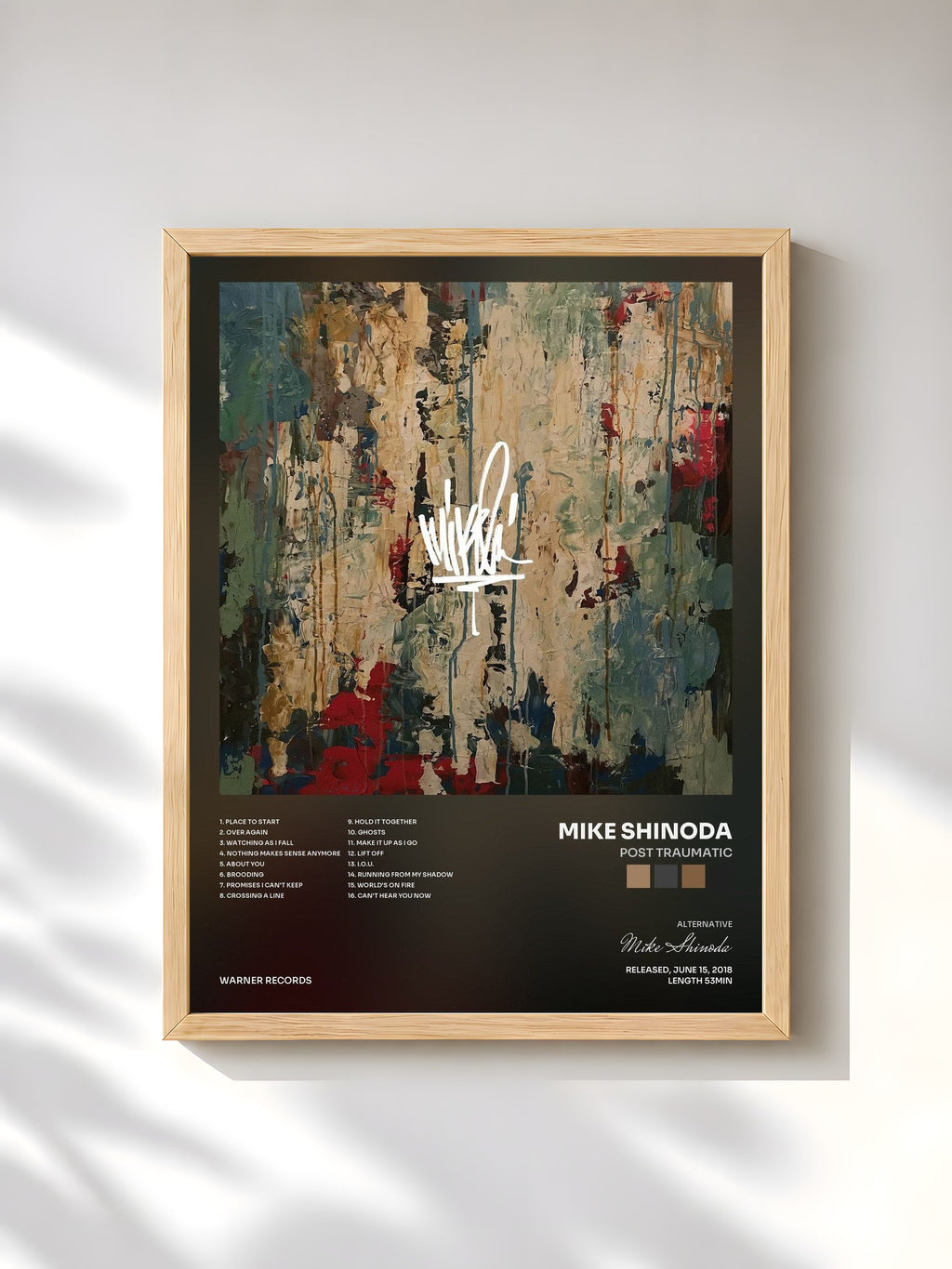 #bois Tableau de l'album Post Traumatic de Mike Shinoda, cadre en bois brut, imprimé et encadré en France