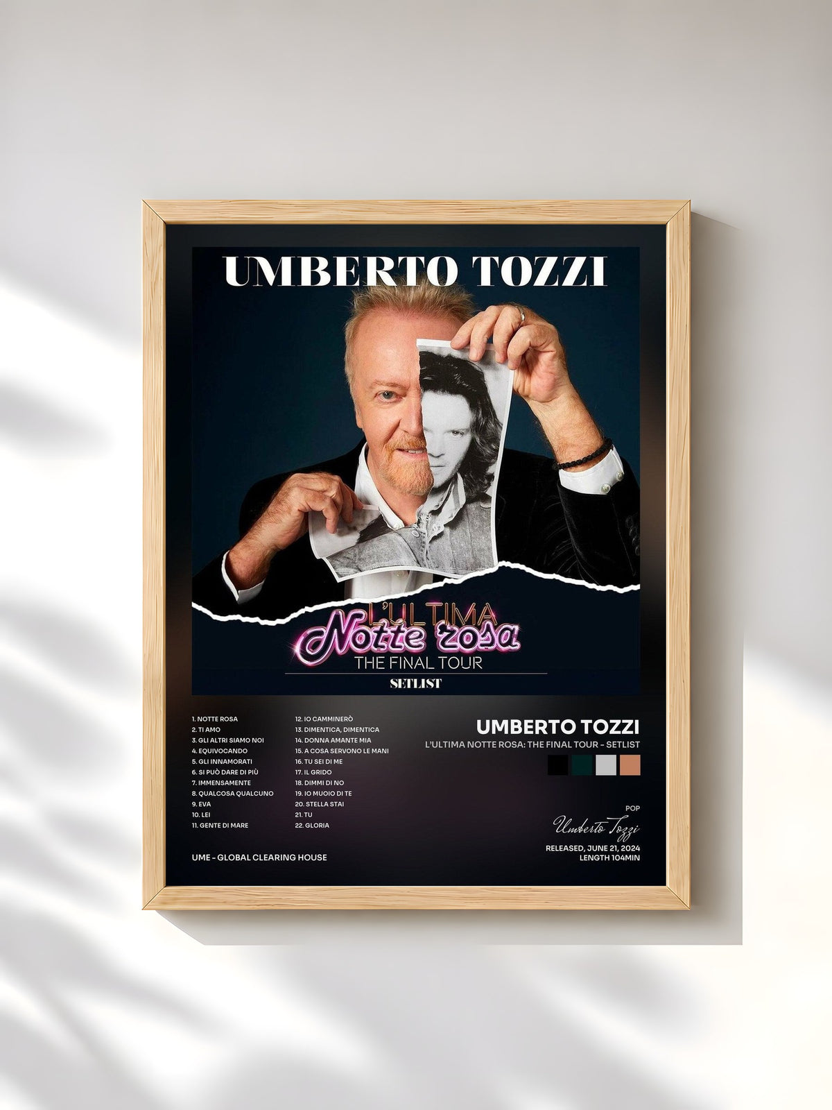 #bois Tableau de l'album L’ultima Notte rosa: The Final tour - Setlist de Umberto Tozzi, cadre en bois brut, imprimé et encadré en France