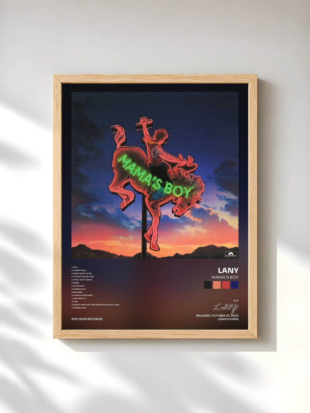 #bois Tableau de l'album mama's boy de LANY, cadre en bois brut, imprimé et encadré en France