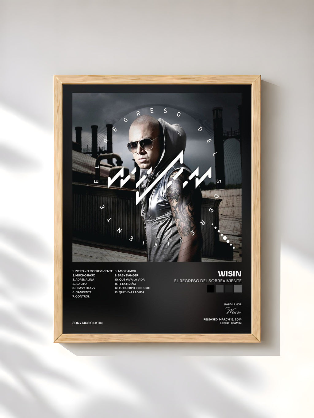 #bois Tableau de l'album El Regreso del Sobreviviente de Wisin, cadre en bois brut, imprimé et encadré en France