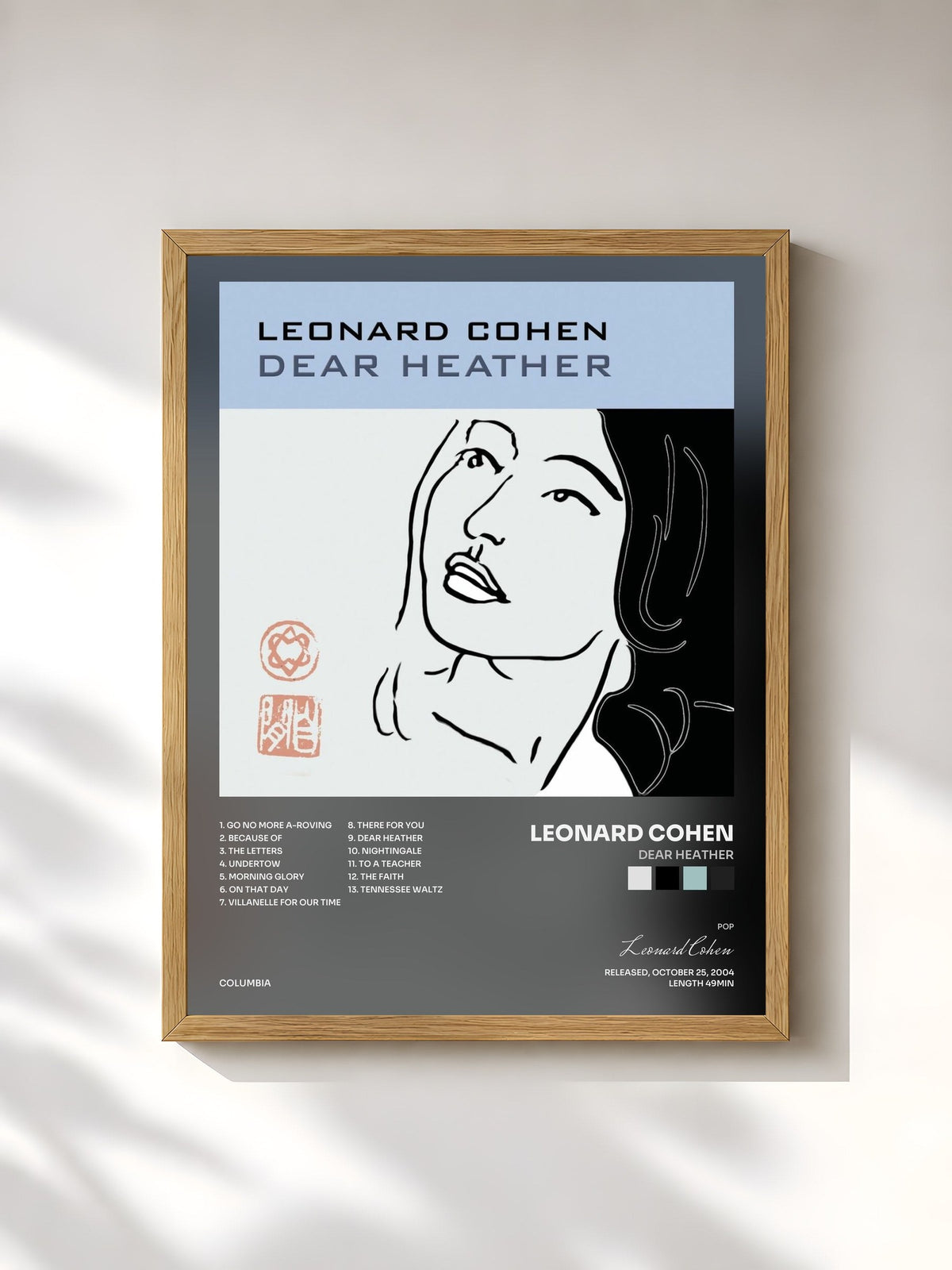 #bois Tableau de l'album Dear Heather de Leonard Cohen, cadre en bois brut, imprimé et encadré en France