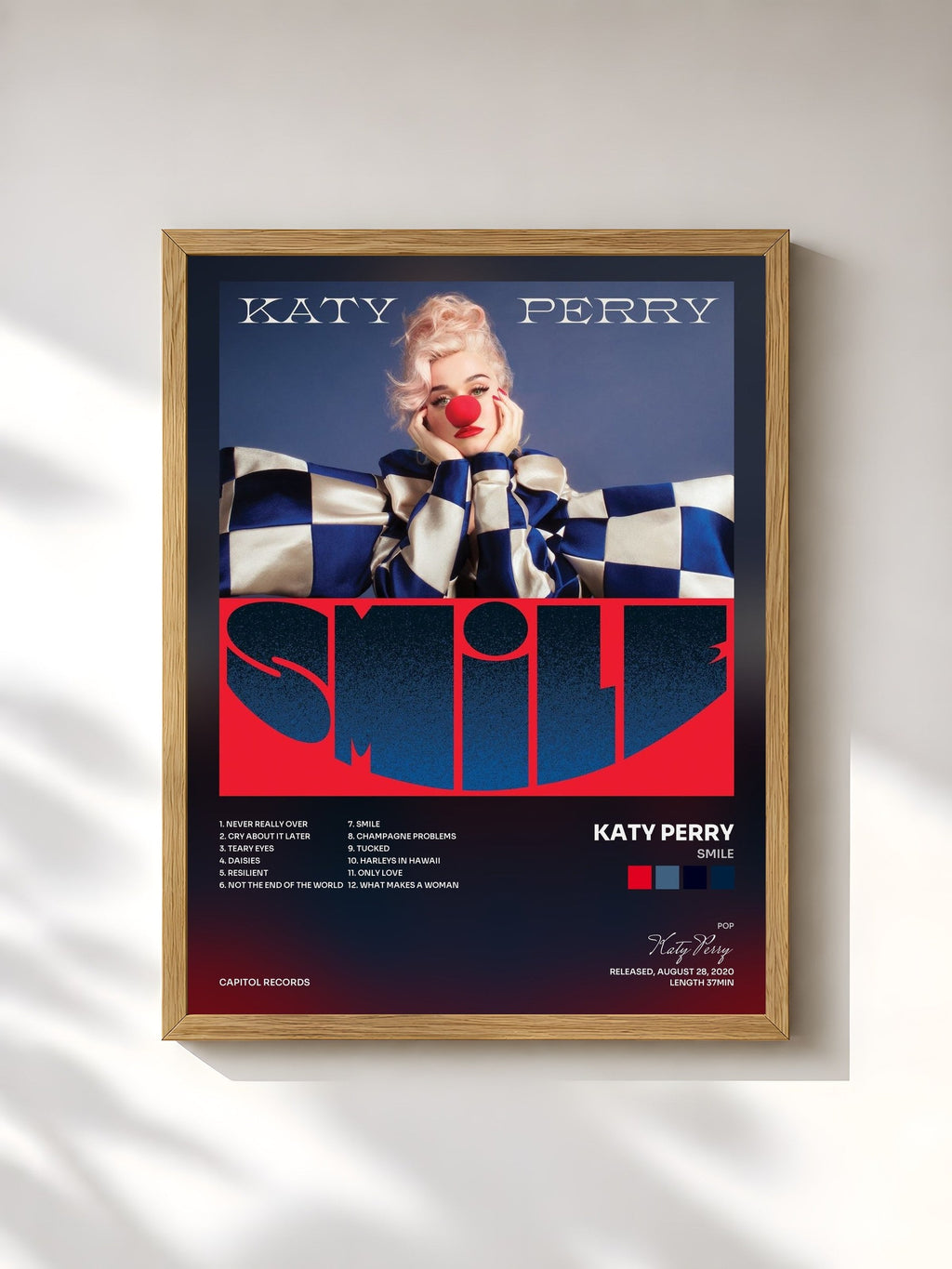 #bois Tableau de l'album Smile de Katy Perry, cadre en bois brut, imprimé et encadré en France