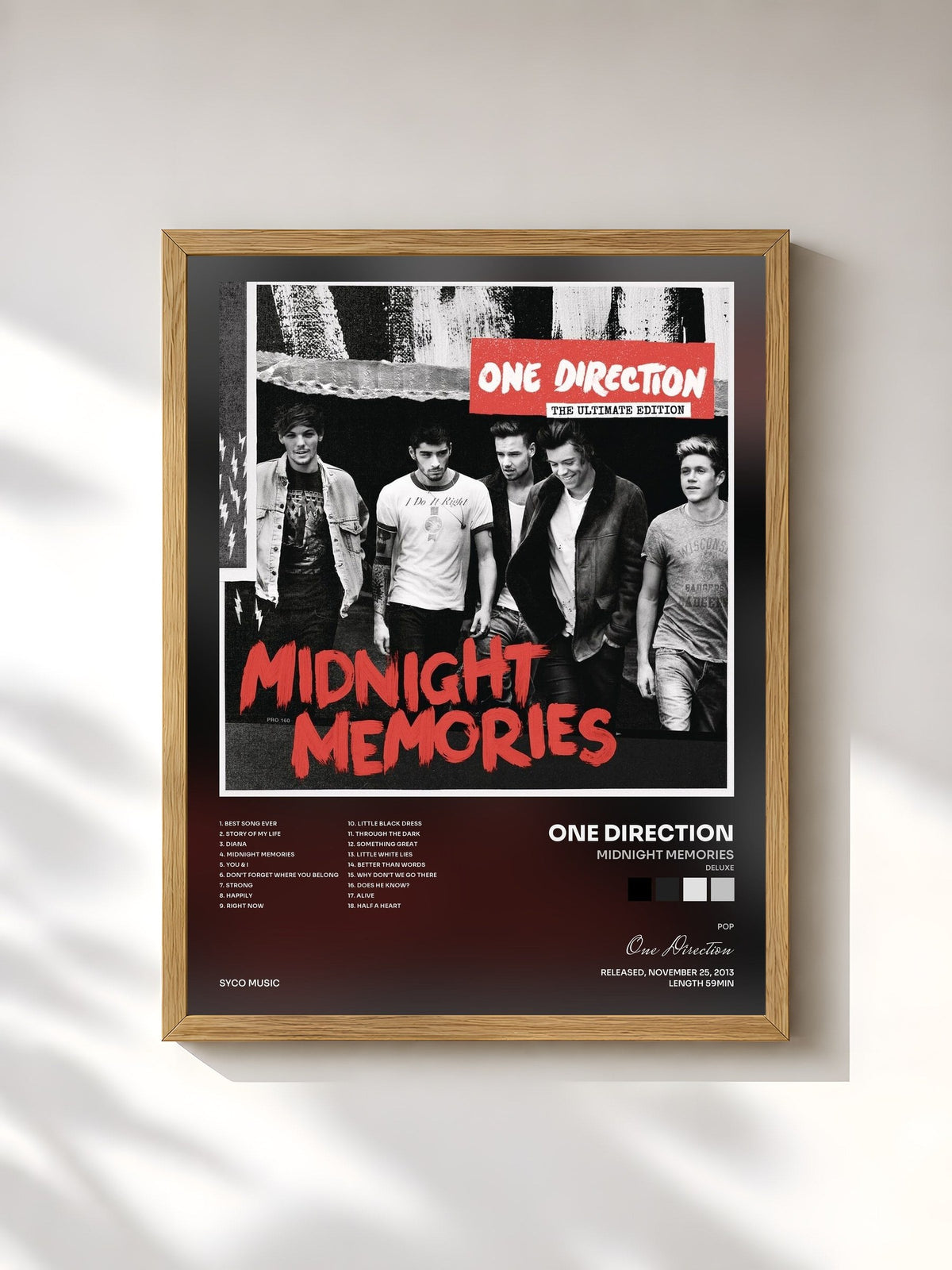 #bois Tableau de l'album Midnight Memories (Deluxe) de One Direction, cadre en bois brut, imprimé et encadré en France