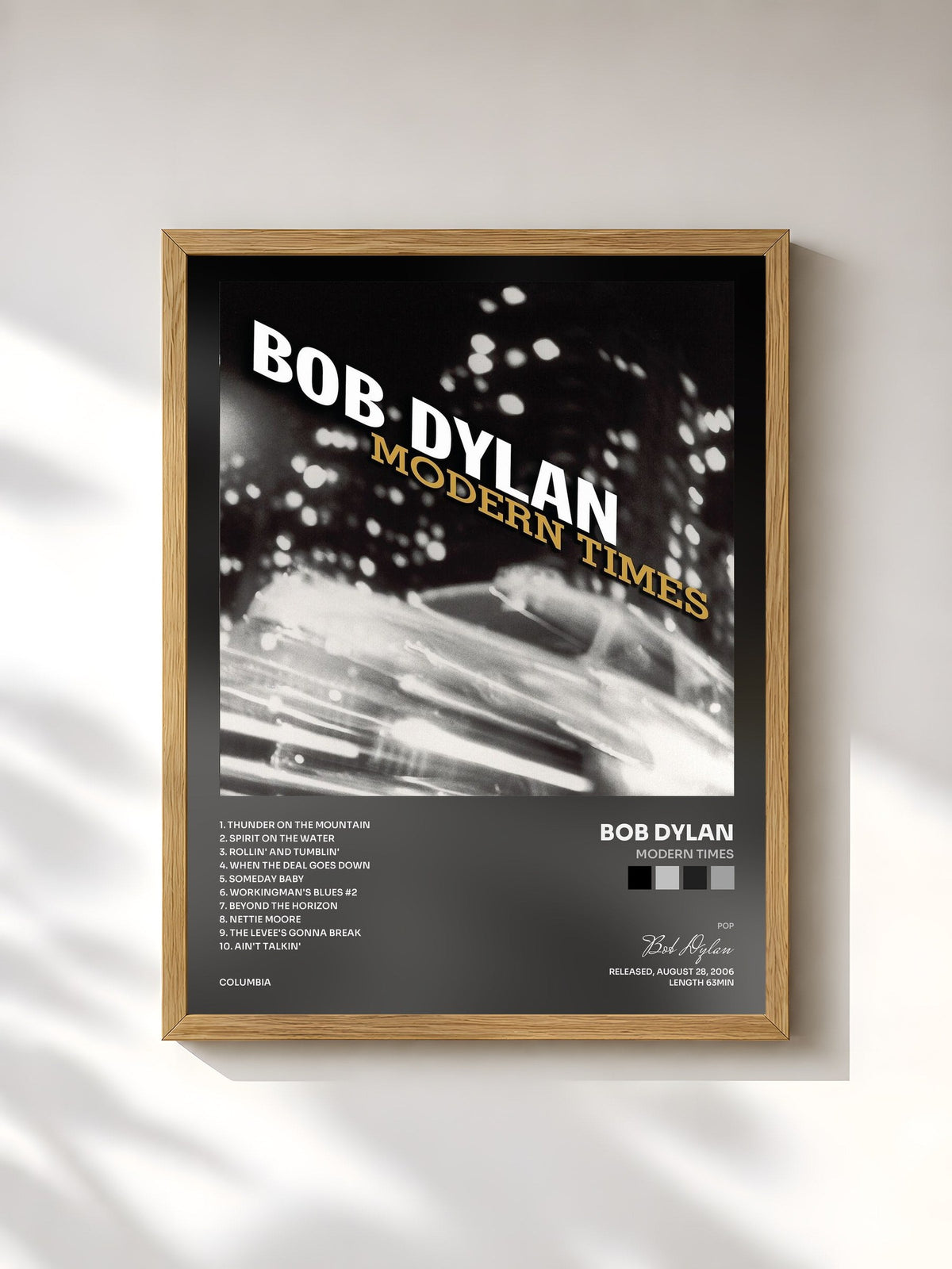 #bois Tableau de l'album Modern Times de Bob Dylan, cadre en bois brut, imprimé et encadré en France