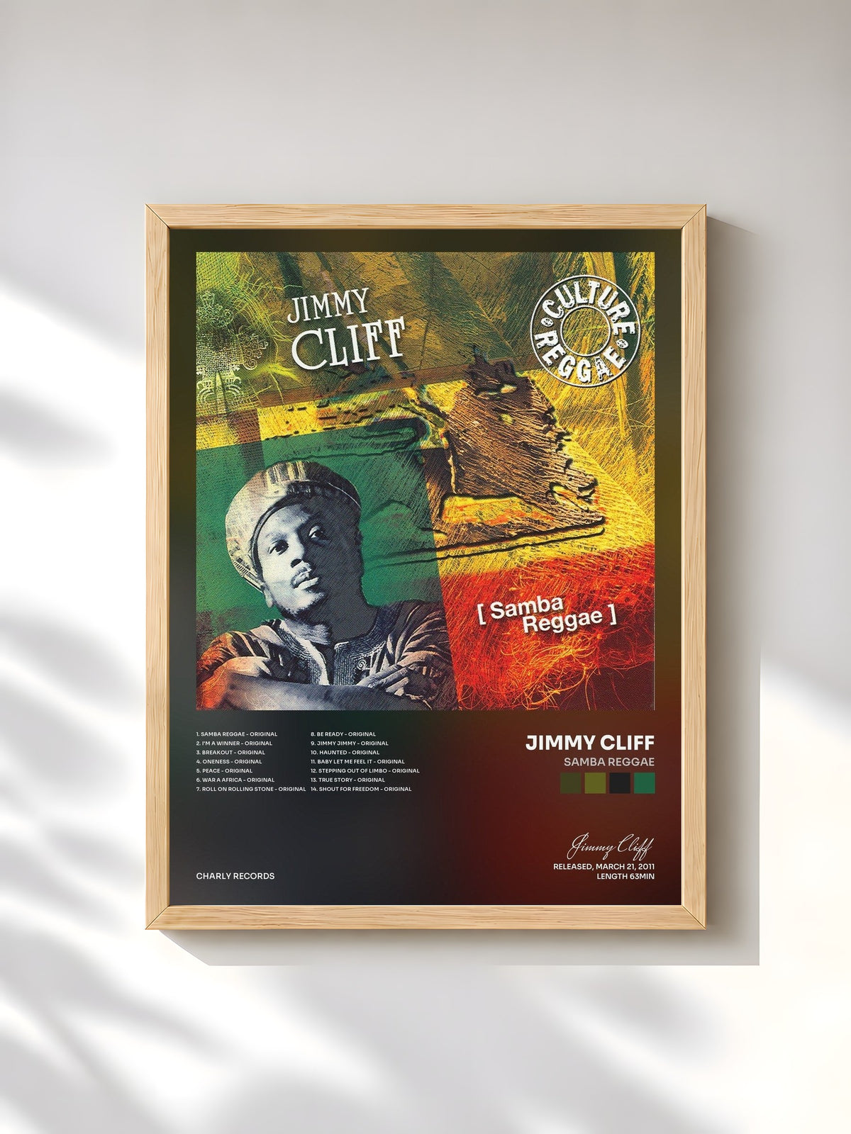 #bois Tableau de l'album Samba Reggae de Jimmy Cliff, cadre en bois brut, imprimé et encadré en France