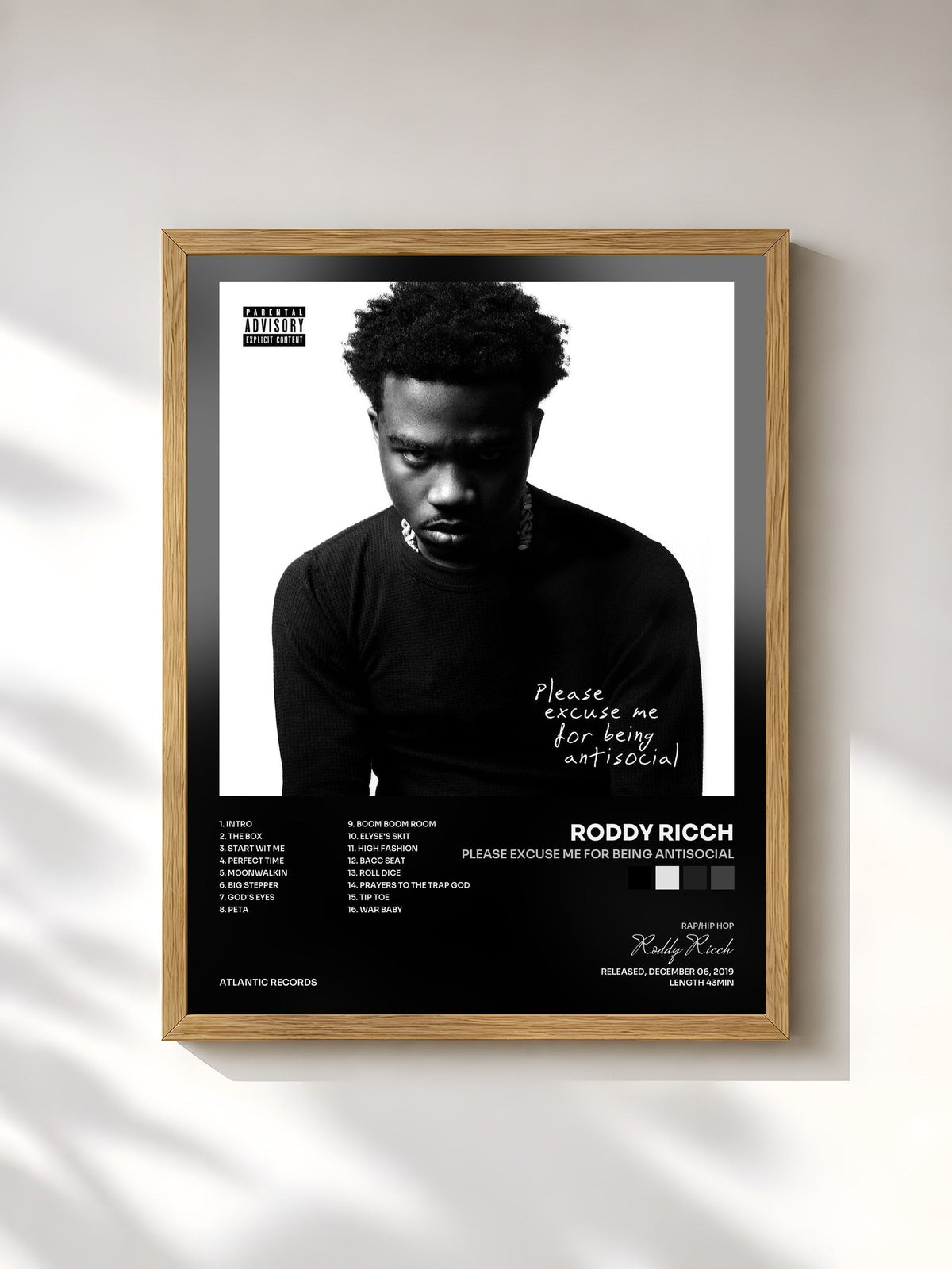 #bois Tableau de l'album Please Excuse Me for Being Antisocial de Roddy Ricch, cadre en bois brut, imprimé et encadré en France