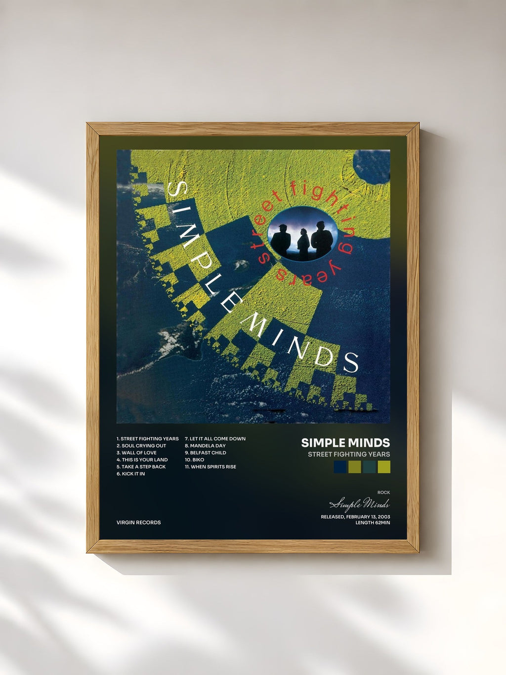 #bois Tableau de l'album Street Fighting Years de Simple Minds, cadre en bois brut, imprimé et encadré en France
