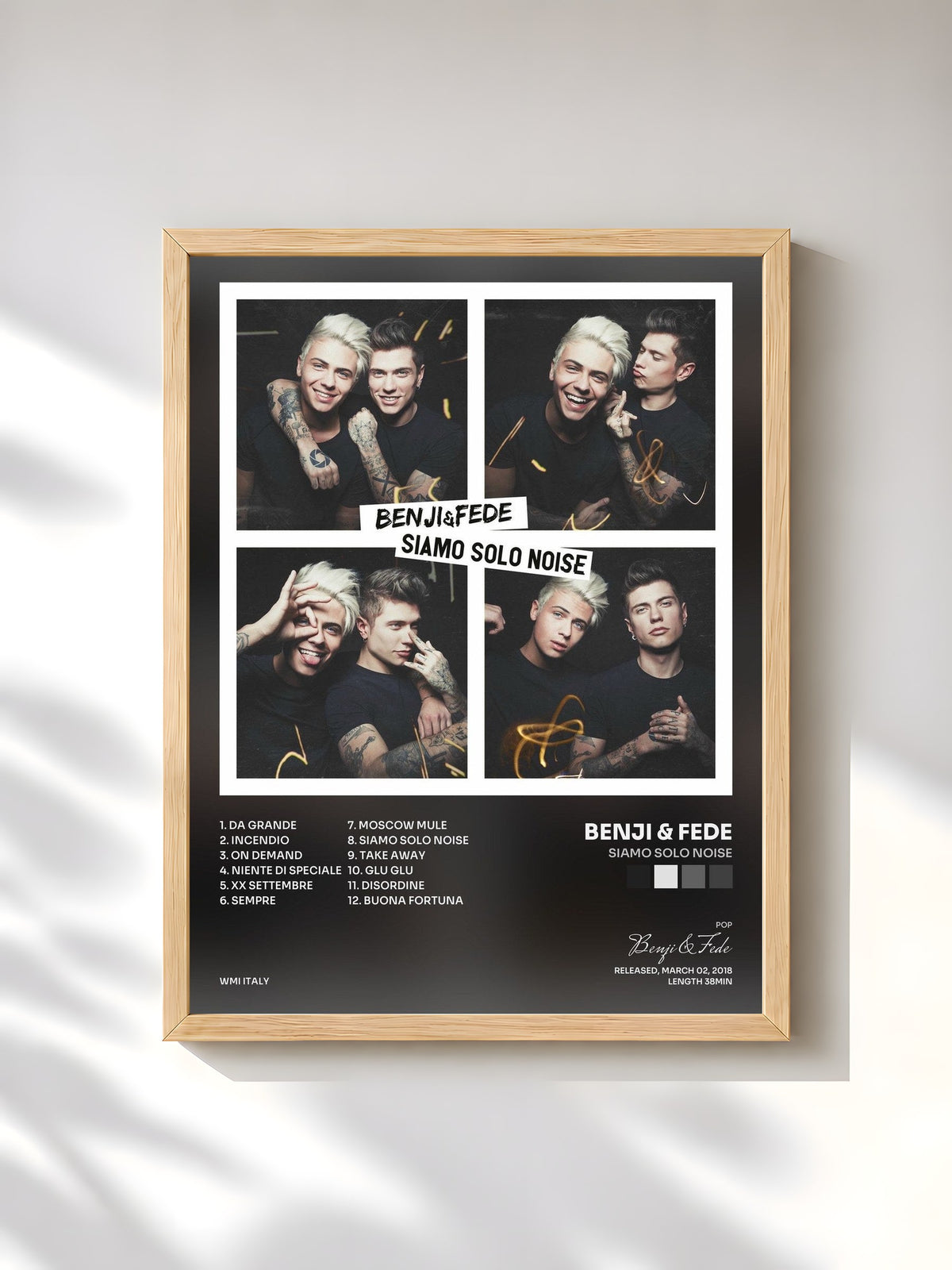 #bois Tableau de l'album Siamo solo noise de Benji & Fede, cadre en bois brut, imprimé et encadré en France