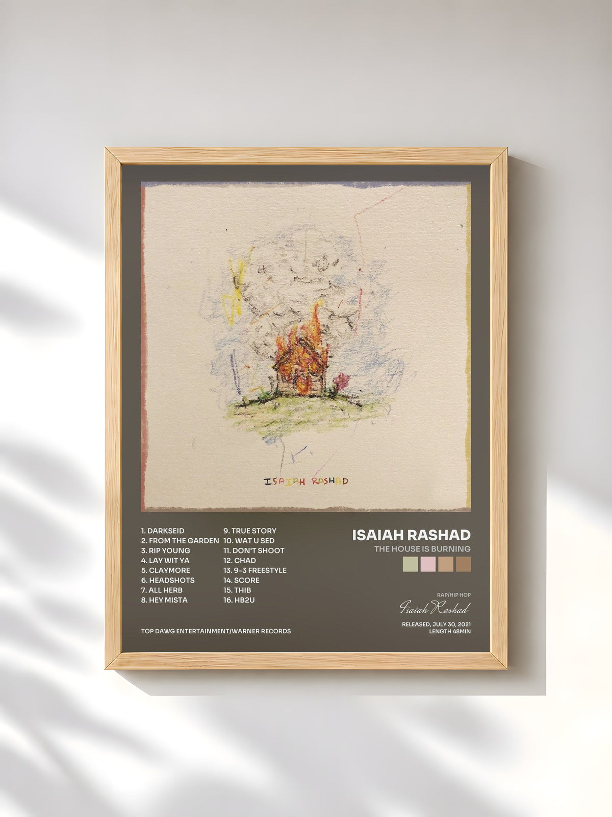 #bois Tableau de l'album The House Is Burning de Isaiah Rashad, cadre en bois brut, imprimé et encadré en France