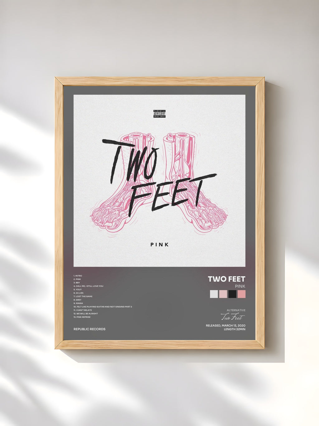 #bois Tableau de l'album Pink de Two Feet, cadre en bois brut, imprimé et encadré en France