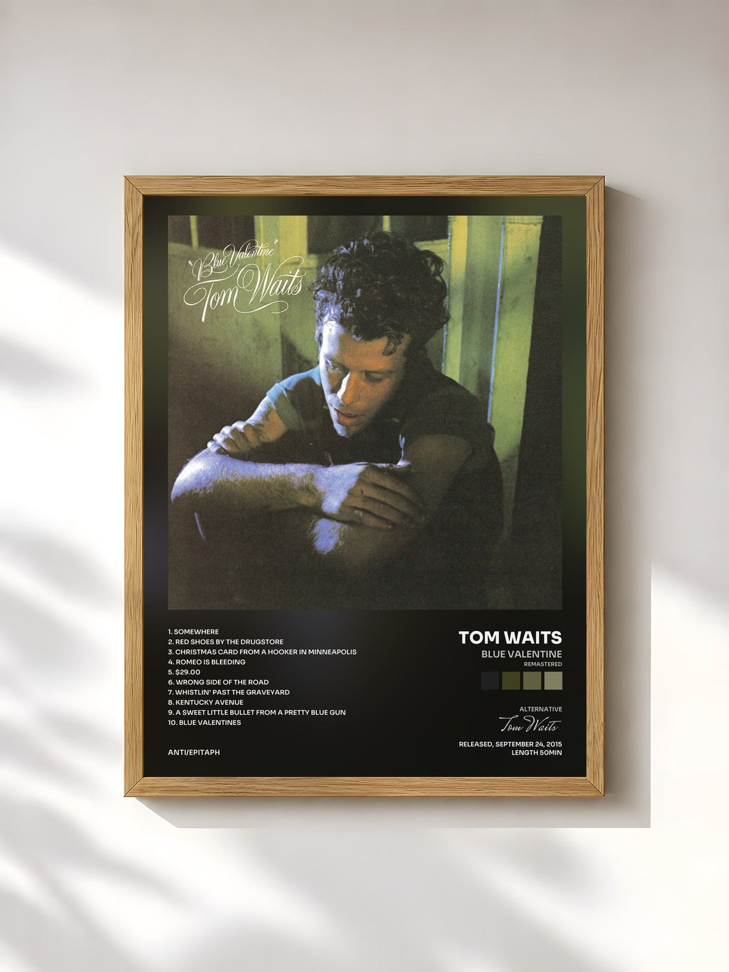 #bois Tableau de l'album Blue Valentine (Remastered) de Tom Waits, cadre en bois brut, imprimé et encadré en France