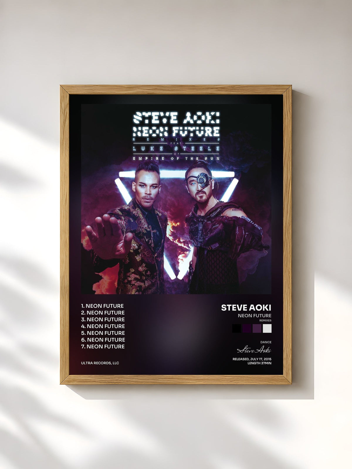#bois Tableau de l'album Neon Future (Remixes) de Steve Aoki, cadre en bois brut, imprimé et encadré en France