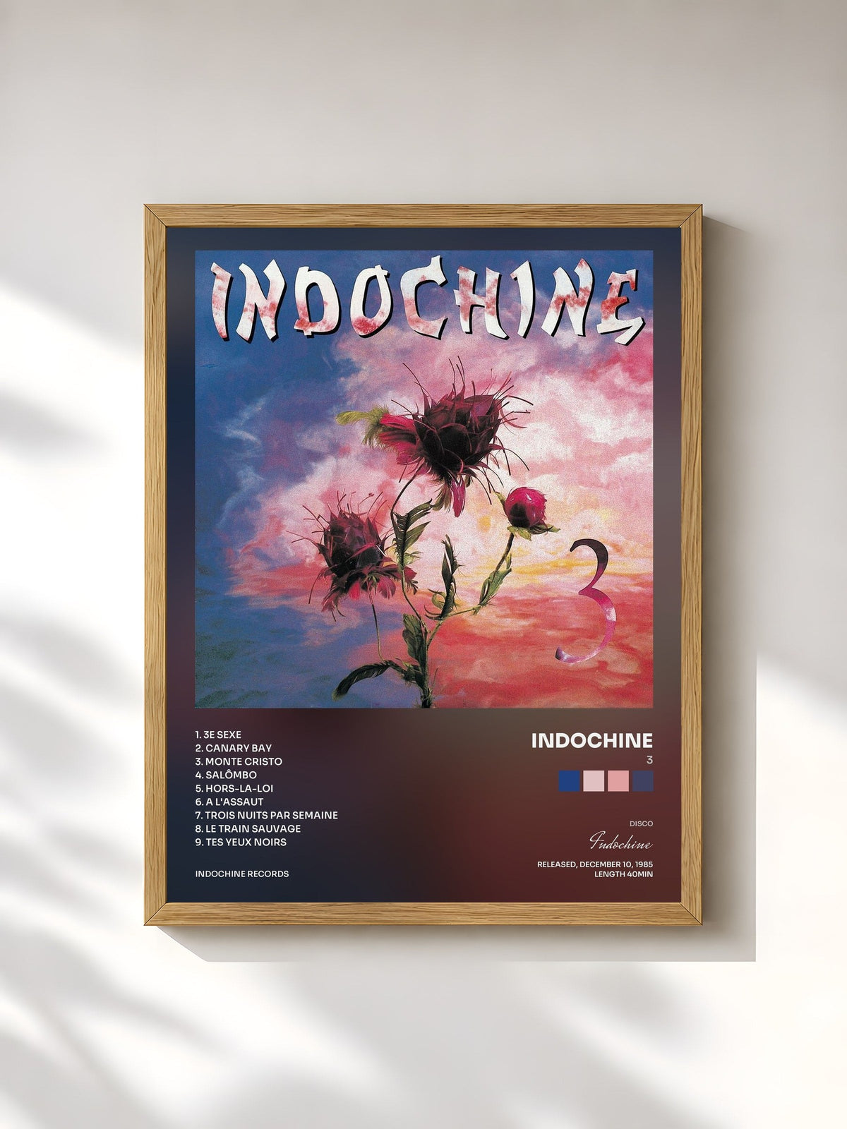 #bois Tableau de l'album 3 de Indochine, cadre en bois brut, imprimé et encadré en France
