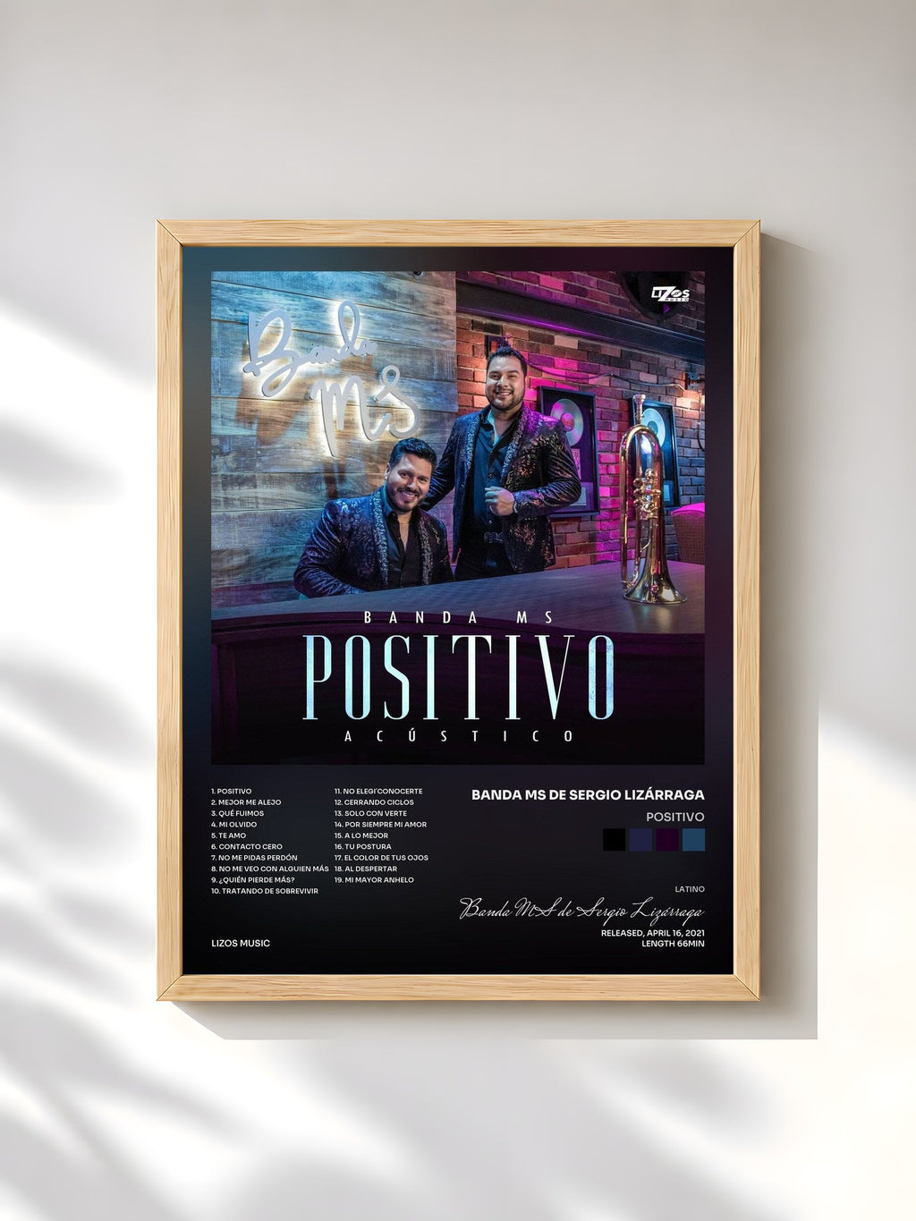 #bois Tableau de l'album Positivo de Banda MS de Sergio Lizárraga, cadre en bois brut, imprimé et encadré en France