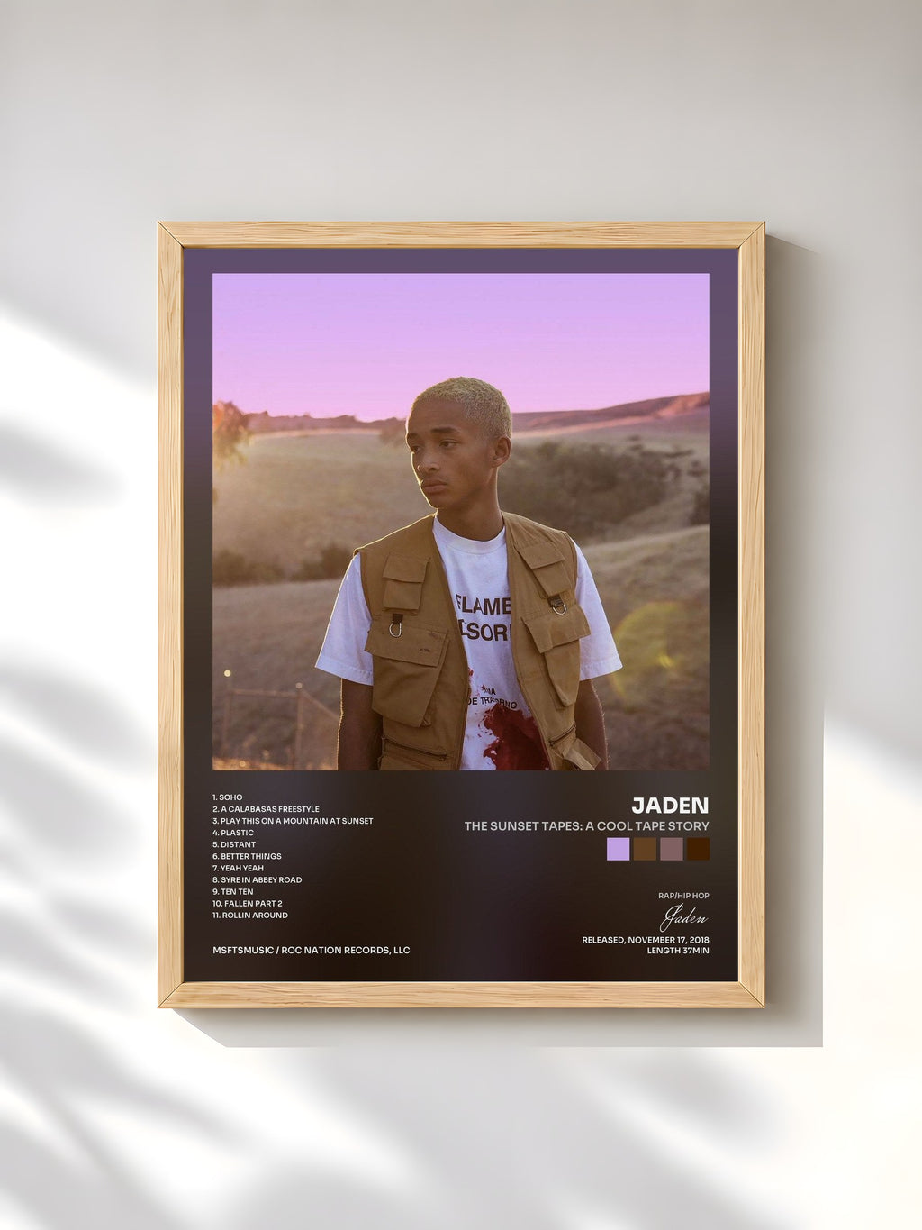 #bois Tableau de l'album The Sunset Tapes: A Cool Tape Story de Jaden, cadre en bois brut, imprimé et encadré en France