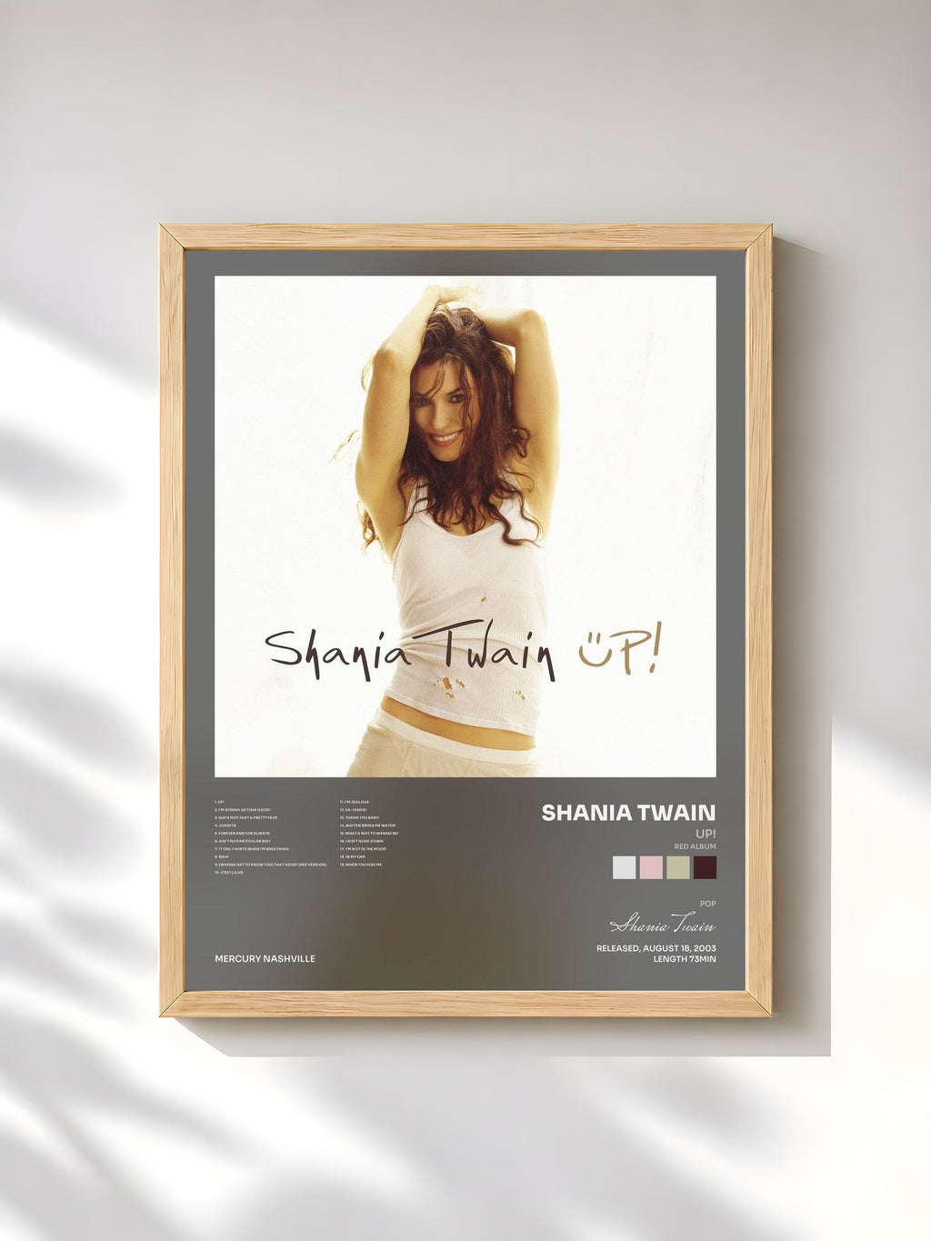 #bois Tableau de l'album Up! (Red Album) de Shania Twain, cadre en bois brut, imprimé et encadré en France