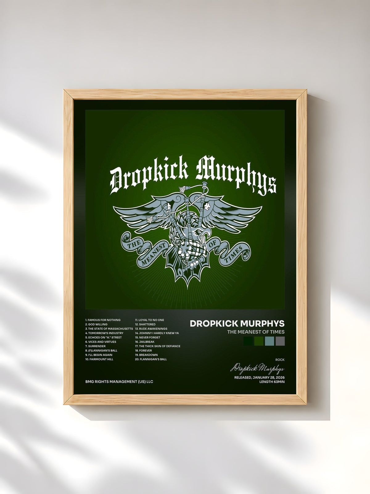 #bois Tableau de l'album The Meanest of Times de Dropkick Murphys, cadre en bois brut, imprimé et encadré en France