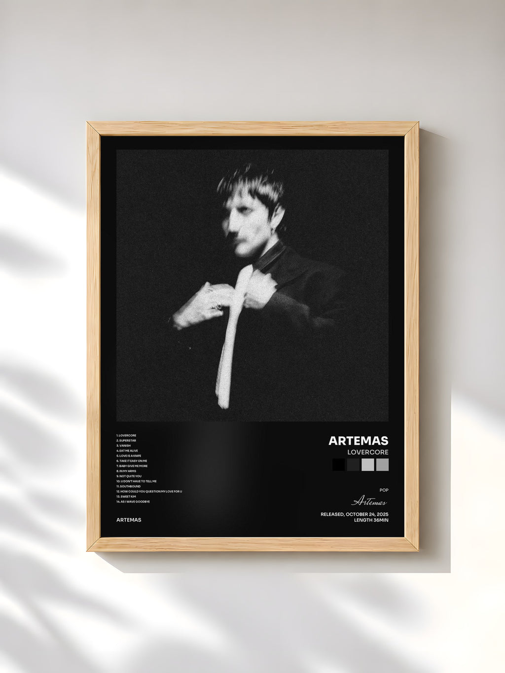 #bois Tableau de l'album LOVERCORE de Artemas, cadre en bois brut, imprimé et encadré en France