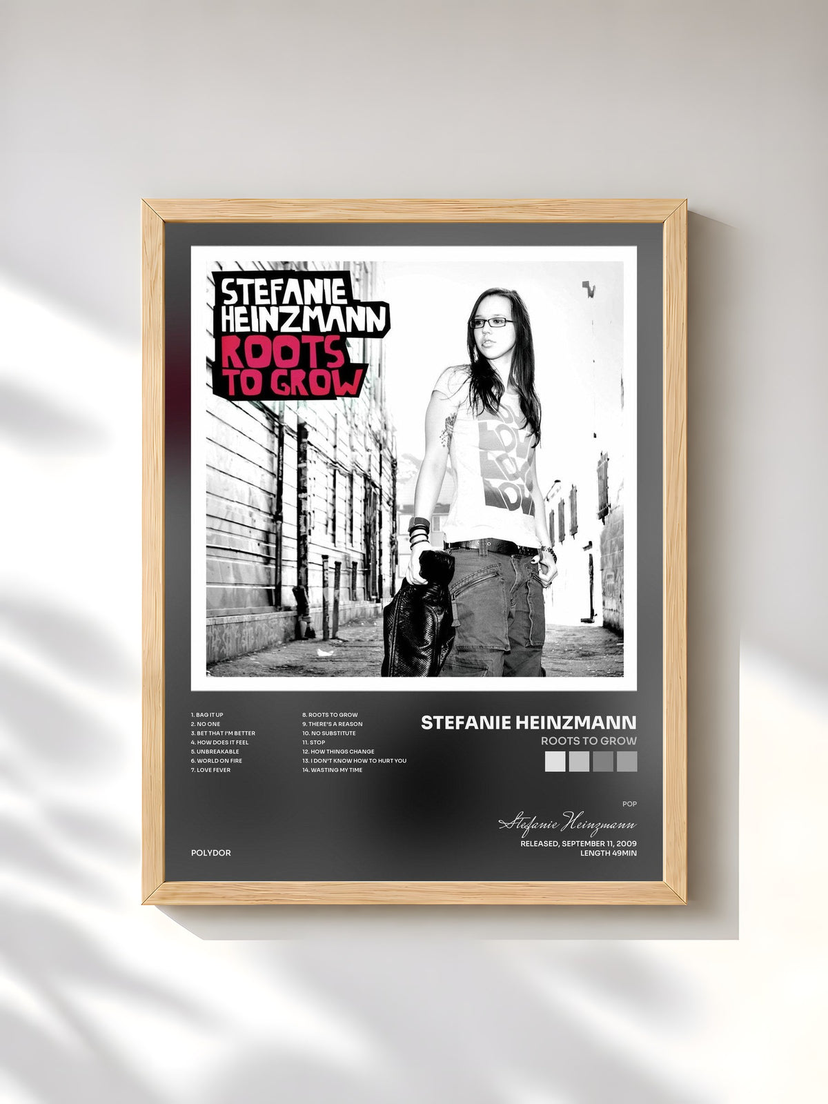 #bois Tableau de l'album Roots To Grow de Stefanie Heinzmann, cadre en bois brut, imprimé et encadré en France