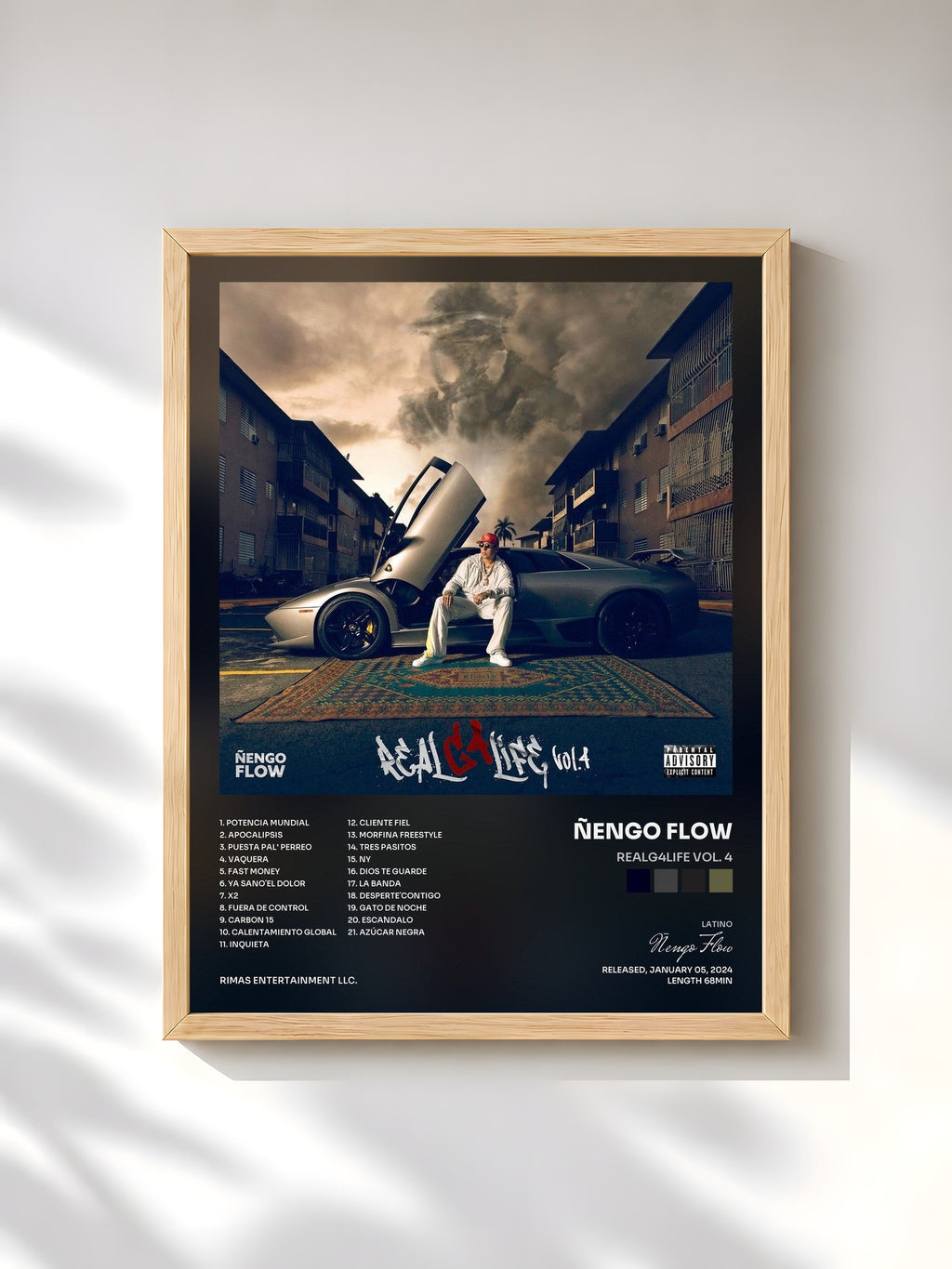 #bois Tableau de l'album RealG4Life Vol. 4 de Ñengo Flow, cadre en bois brut, imprimé et encadré en France