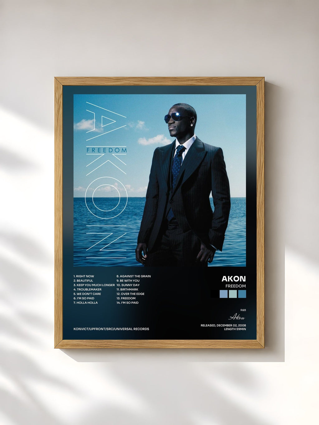 #bois Tableau de l'album Freedom de Akon, cadre en bois brut, imprimé et encadré en France