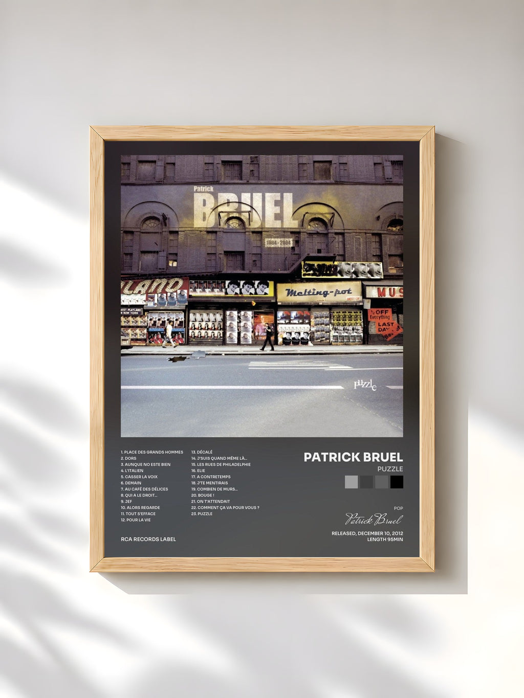 #bois Tableau de l'album Puzzle de Patrick Bruel, cadre en bois brut, imprimé et encadré en France