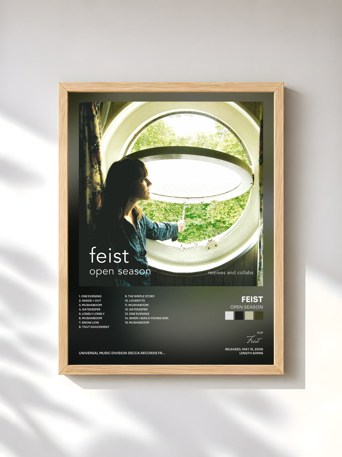 #bois Tableau de l'album Open Season de Feist, cadre en bois brut, imprimé et encadré en France