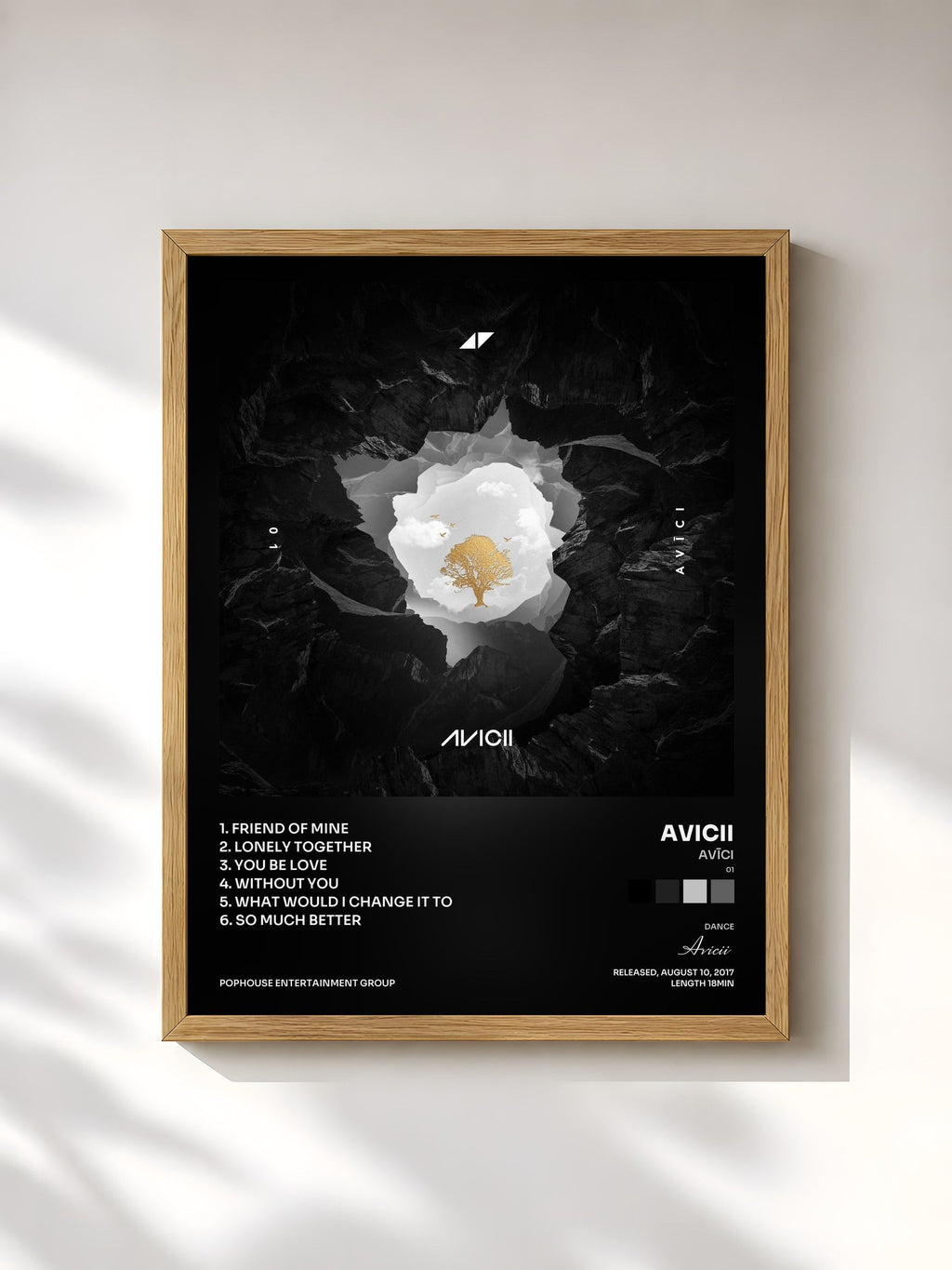 #bois Tableau de l'album AVĪCI (01) de Avicii, cadre en bois brut, imprimé et encadré en France
