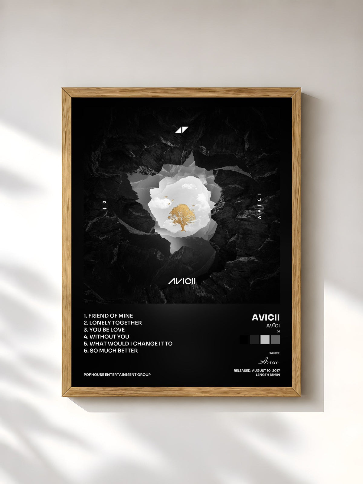 #bois Tableau de l'album AVĪCI (01) de Avicii, cadre en bois brut, imprimé et encadré en France