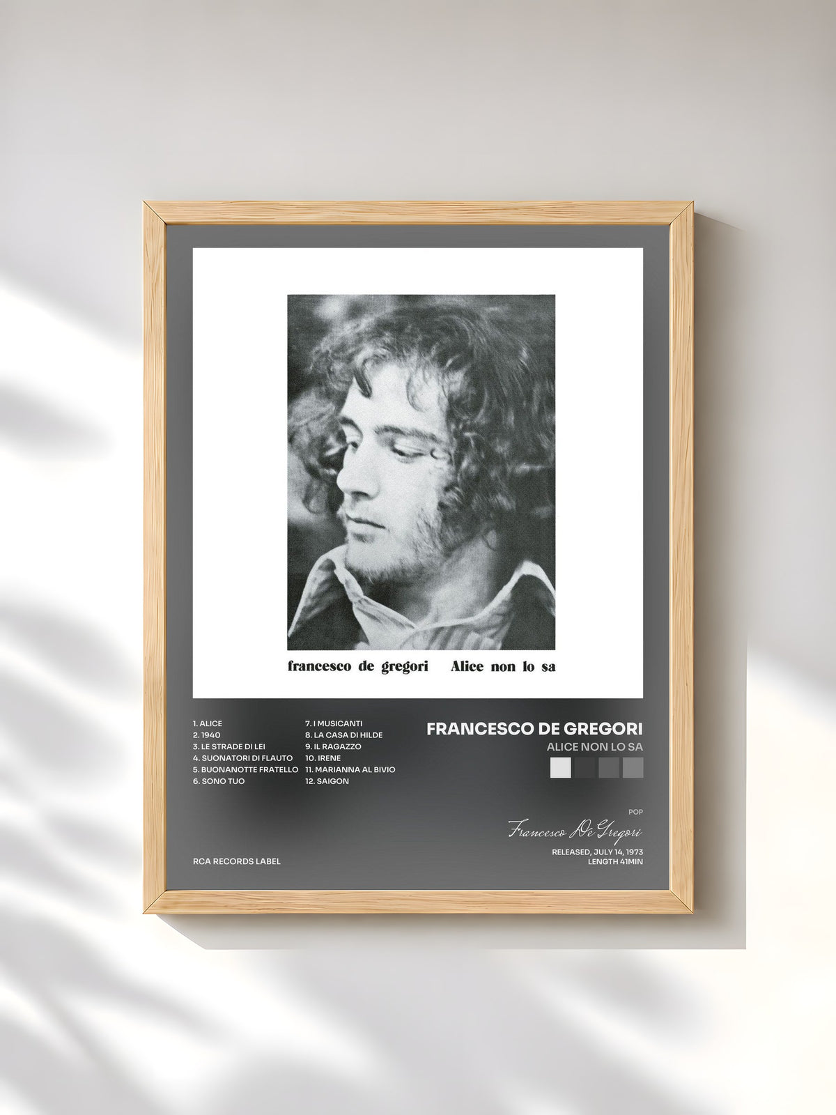 #bois Tableau de l'album Alice Non Lo Sa de Francesco De Gregori, cadre en bois brut, imprimé et encadré en France