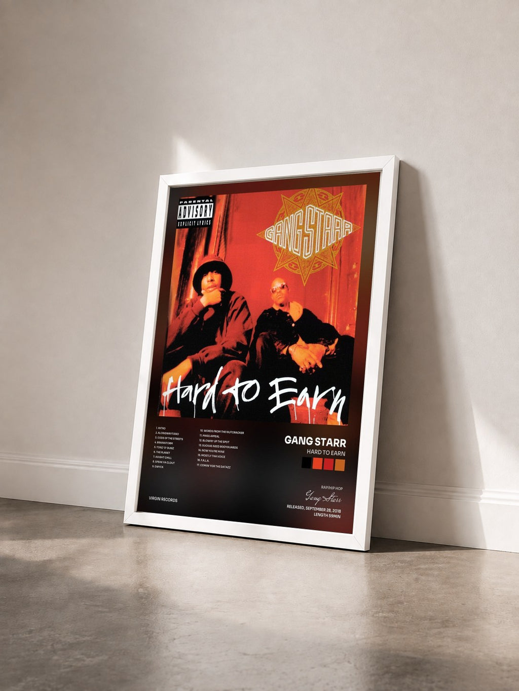 #blanc Tableau de l'album Hard To Earn de Gang Starr vu de trois quarts, cadre blanc