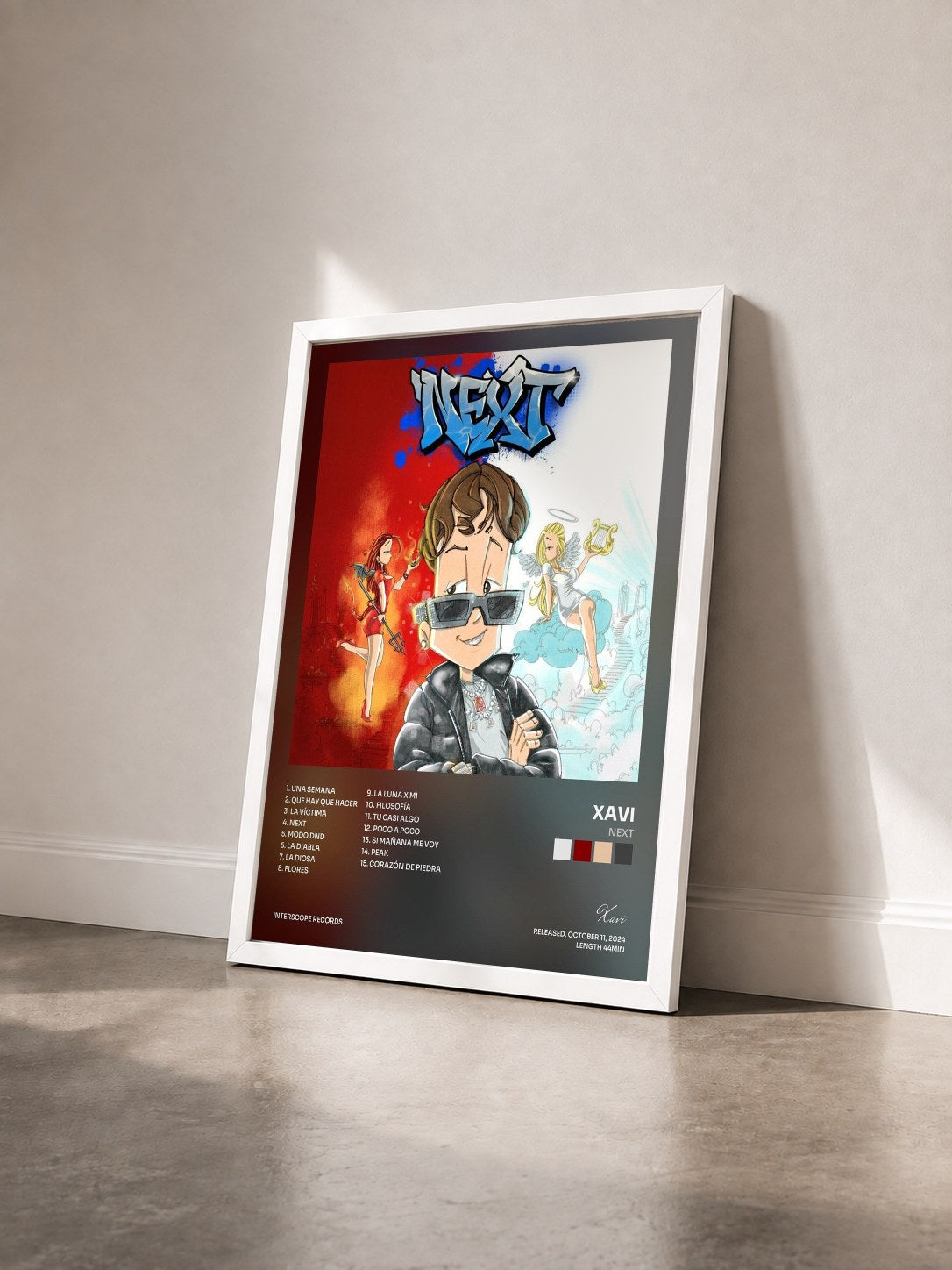 #blanc Tableau de l'album NEXT de Xavi vu de trois quarts, cadre blanc