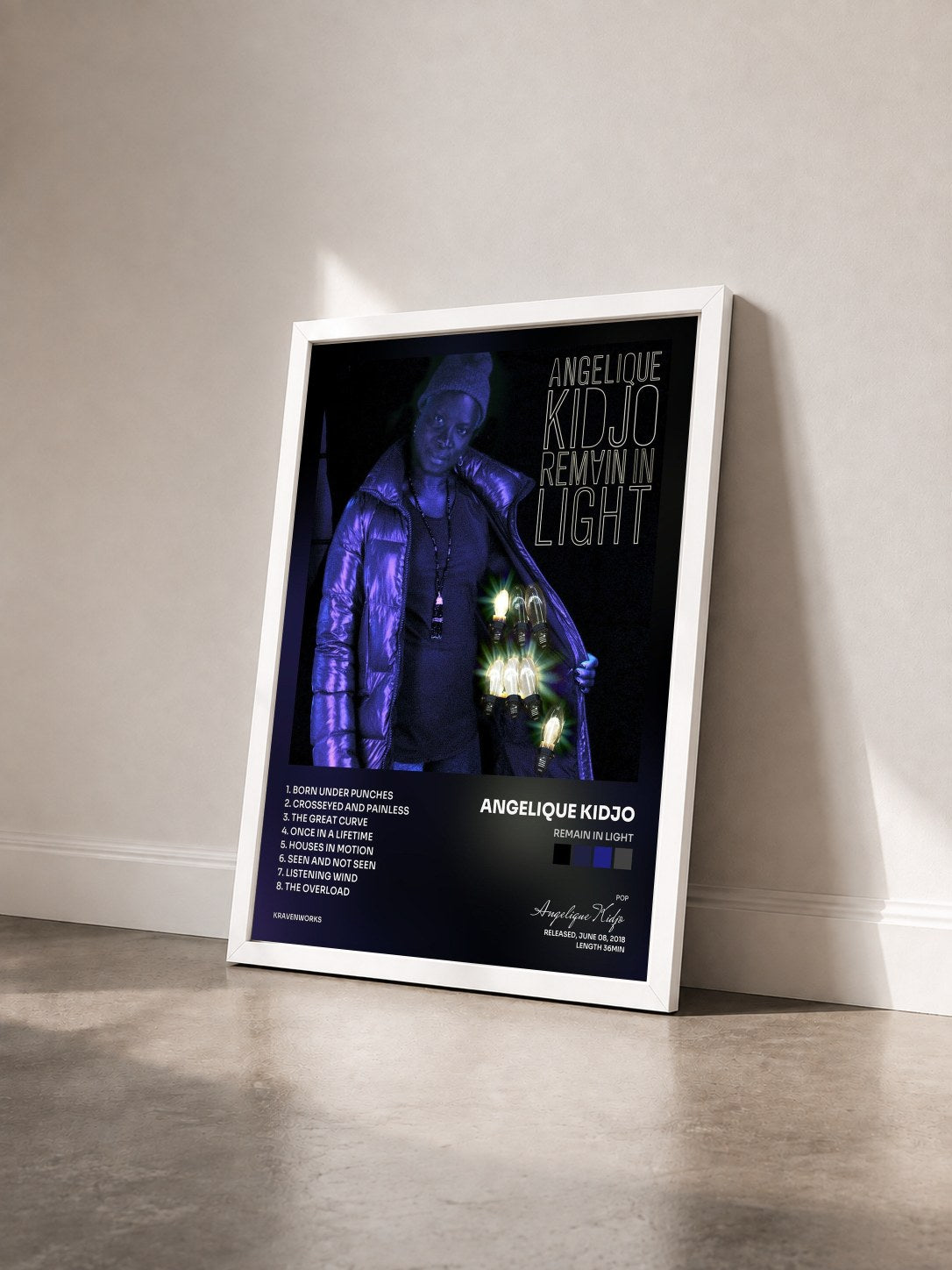 #blanc Tableau de l'album Remain in Light de Angelique Kidjo vu de trois quarts, cadre blanc