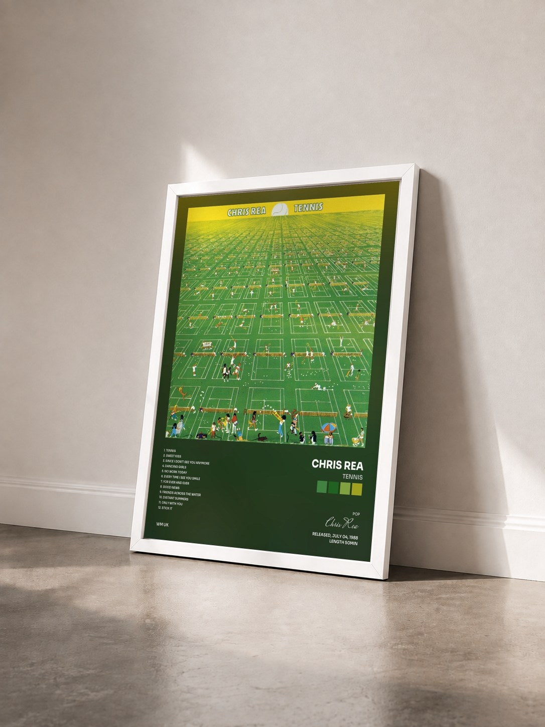 #blanc Tableau de l'album Tennis de Chris Rea vu de trois quarts, cadre blanc