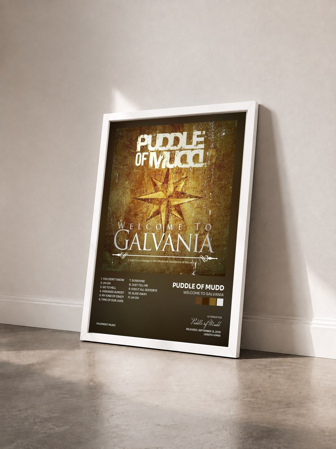 #blanc Tableau de l'album Welcome to Galvania de Puddle of Mudd vu de trois quarts, cadre blanc